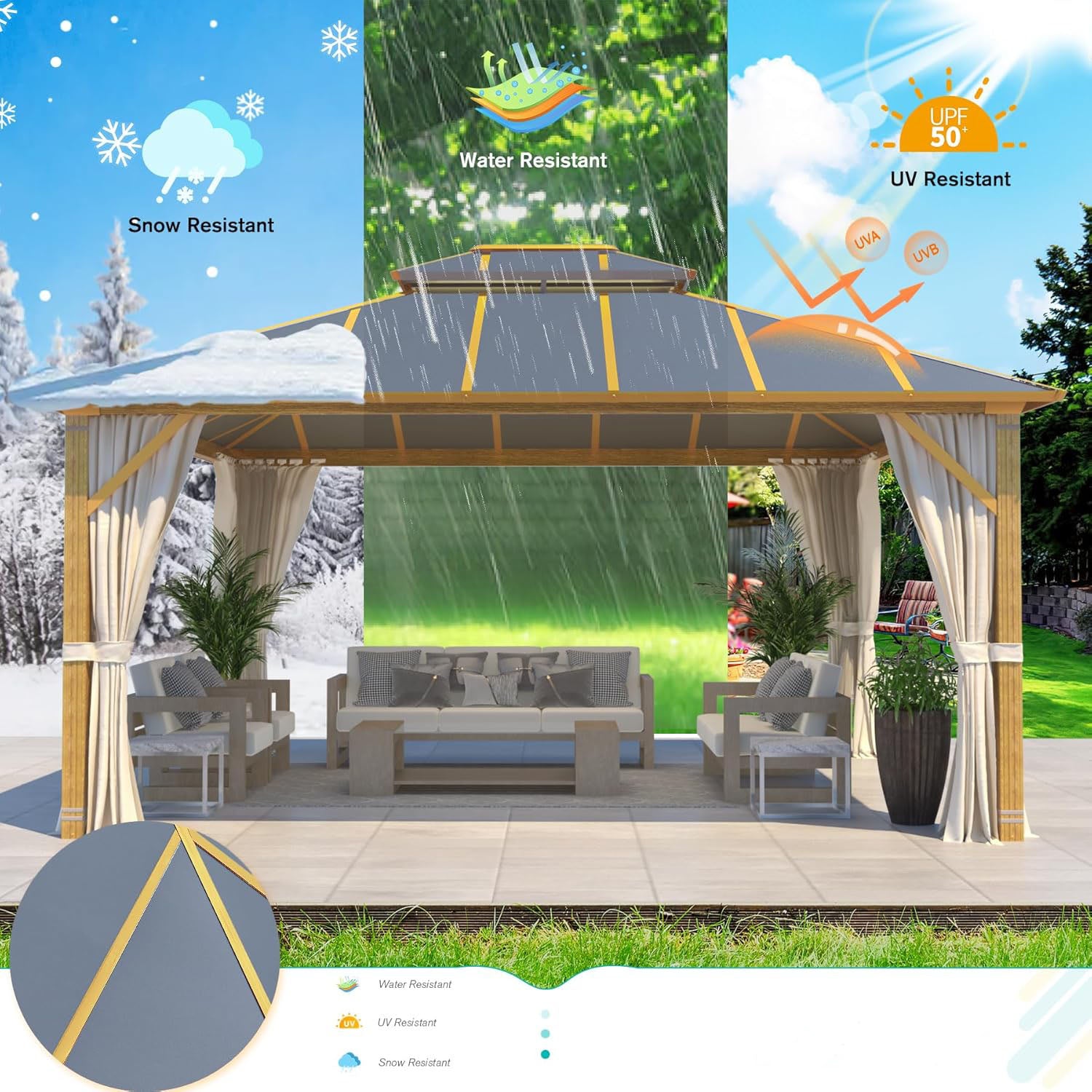 Homrest 12' x 14' Gazebo Outdoor Double Roof Aluminum Composite Canopy Aluminum Frame Pavilion with Curtains and Netting