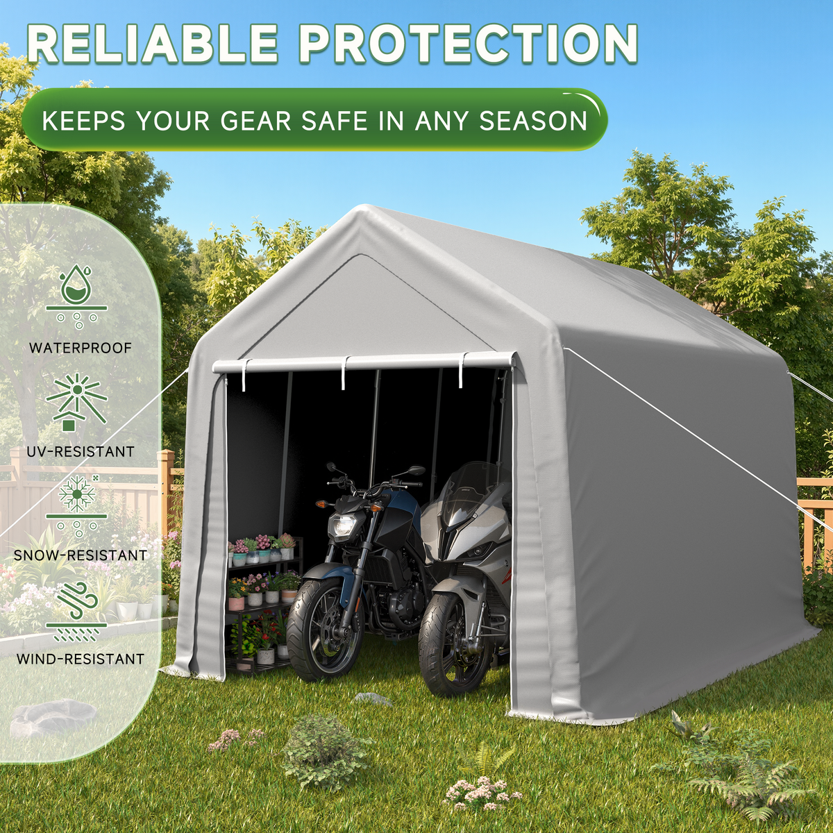 HOMREST 8 x 12 FT Carport Storage Shed, Outdoor Motorcycle Shed with Roll-Up Zipper Door & Vent, UV-Resistant Carport for Motorcycle, Firewood, Tools, Grey