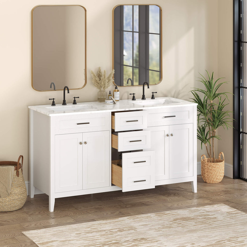 HOMREST 60" Double Bathroom Vanity with Engineered Stone Top, Modern Sink Vanity with Drawers, White