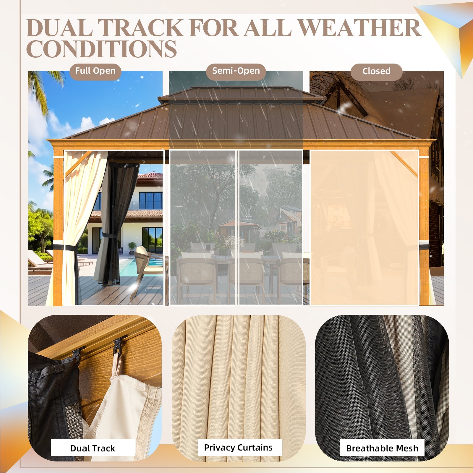 Homrest 12' x 16' Hardtop Gazebo with Aluminum Frame, Wood-Grain