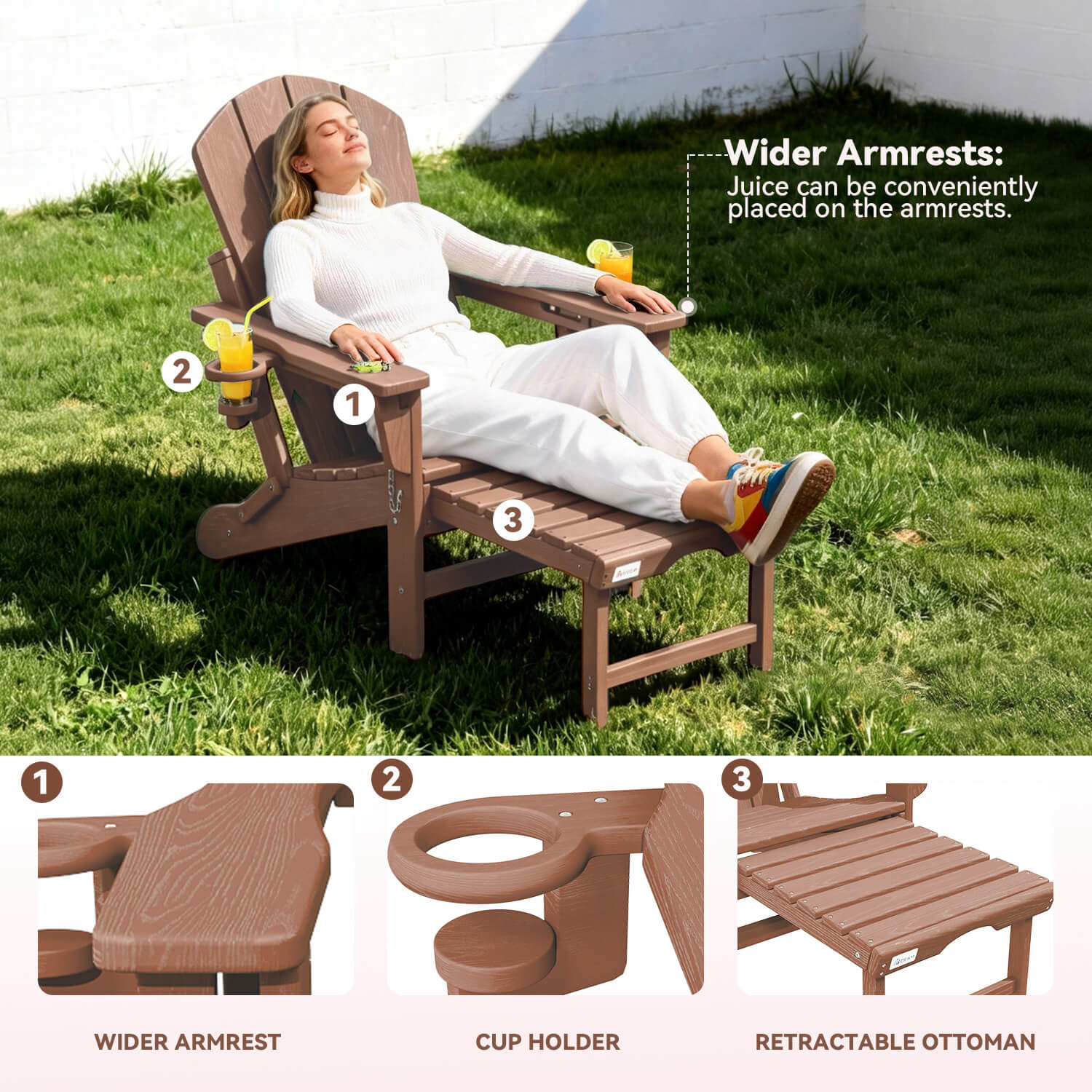 HOMREST 3-Level  Adjustable Adirondack Chair with Retractable Ottoman, Folding HDPE Outdoor Chair with Cup Holders, Teak