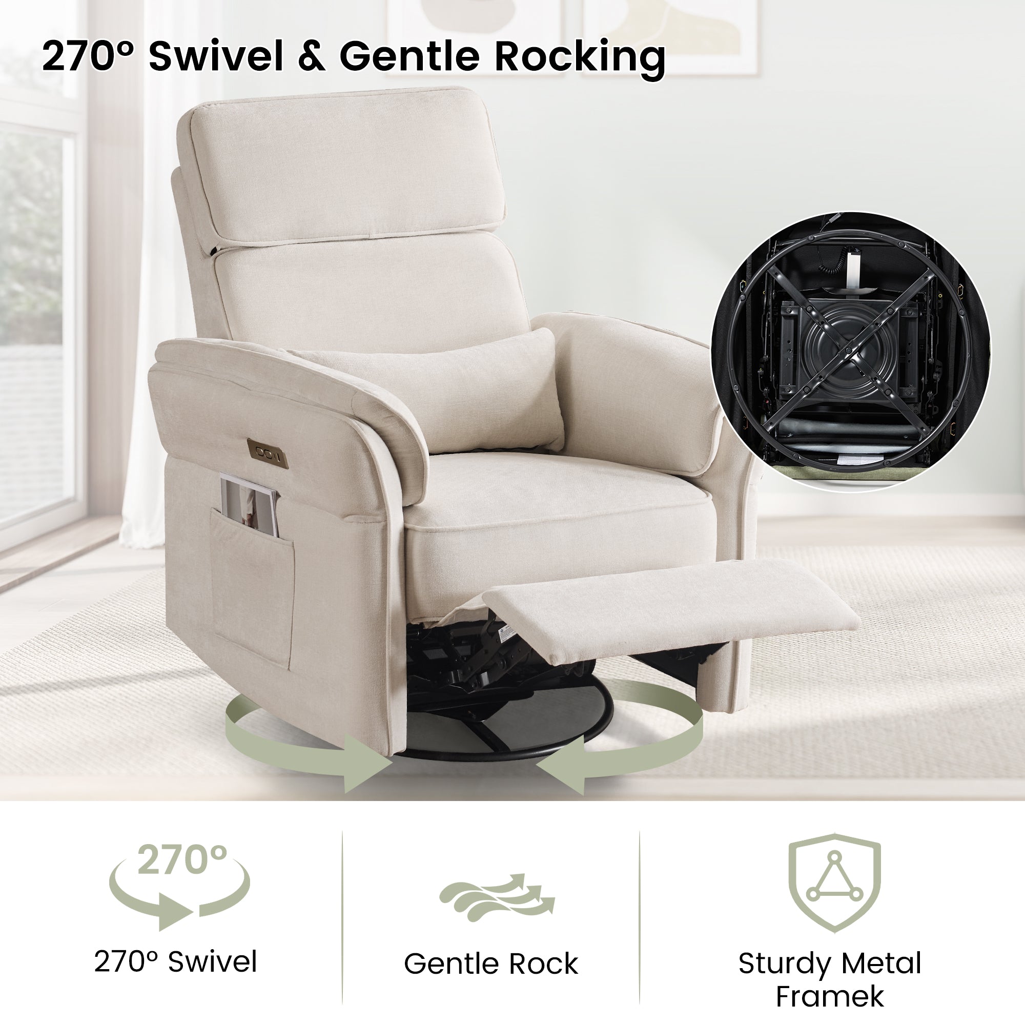 HOMREST Power Swivel Rocking Recliner Chair with Adjustable Headrest and Armrests for Living Room, Nursery, Beige