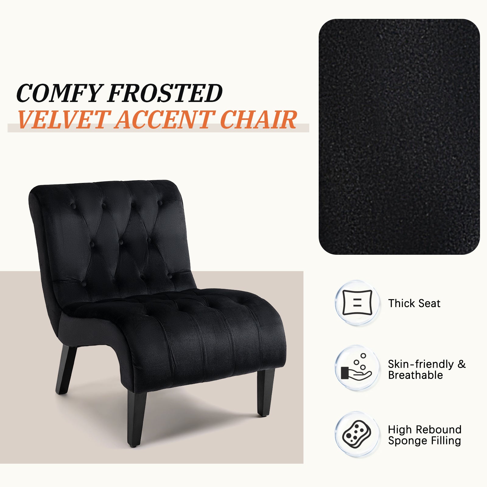 HOMREST Armless Accent Chair, Upholstered Button Tufted Living Room Chairs with Wood Legs, Comfy Frosted Velvet Lounge Chair Reading Chair for Bedroom, Black