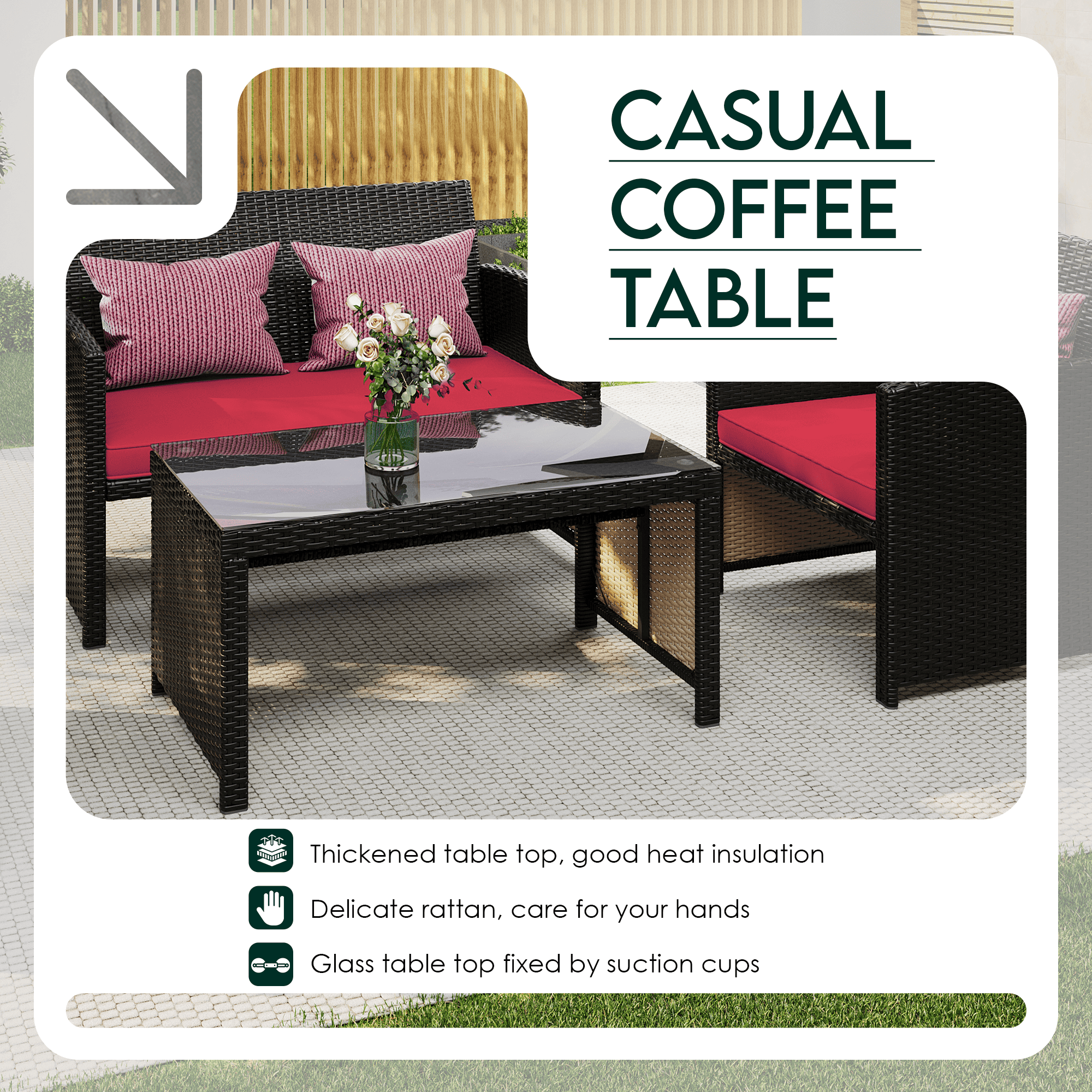 HOMREST 4-Piece Patio Furniture Set, Outdoor Wicker Patio Conversation Set with Cushions, Sofa & Glass Coffee Table, Red