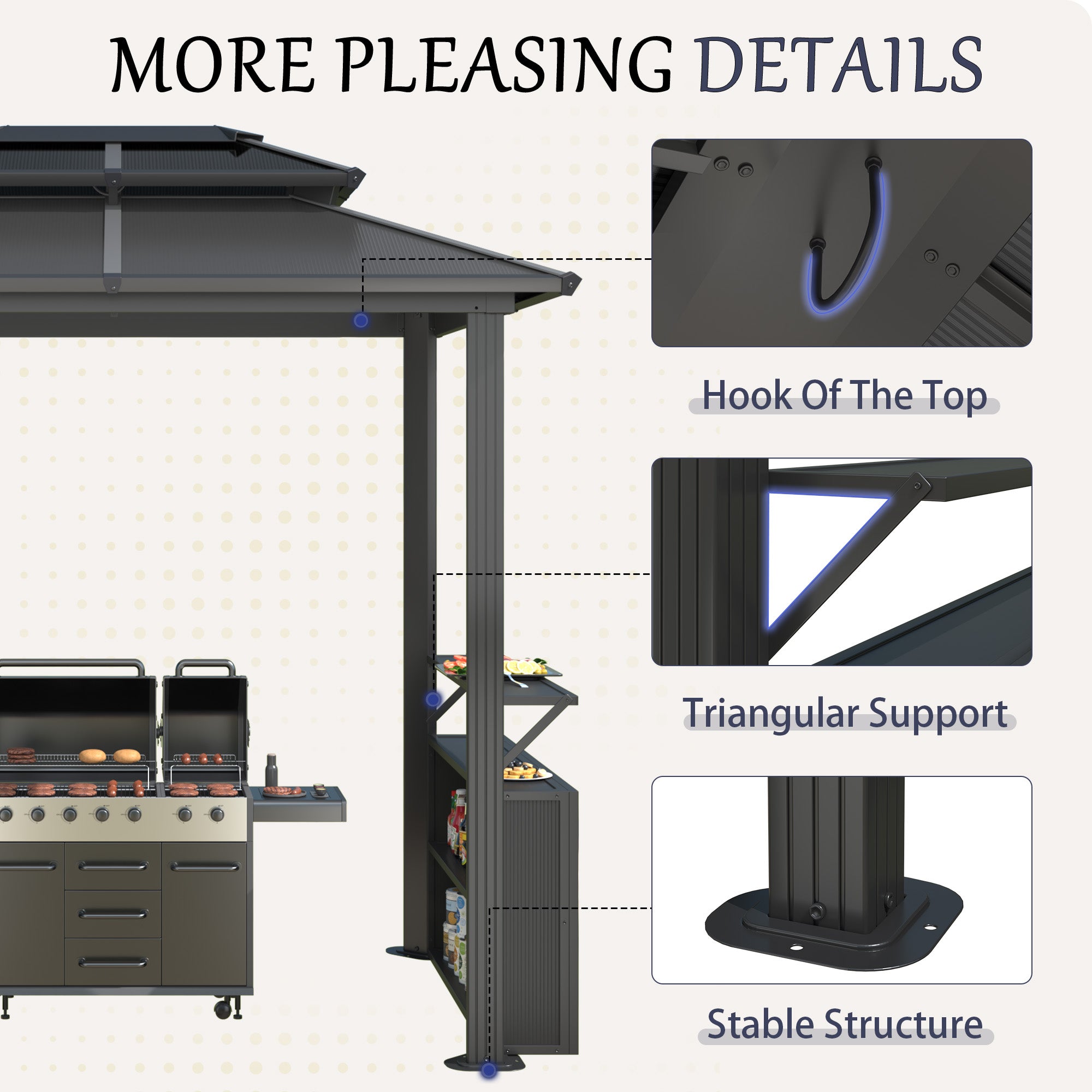 8' x 6' Hardtop Grill Gazebo, Outdoor Metal BBQ Gazebo with Storage Cabinet, Double Roof Hardtop Gazebo, Includes Ceiling Hooks, Suitable for Lawn, Courtyard and Garden