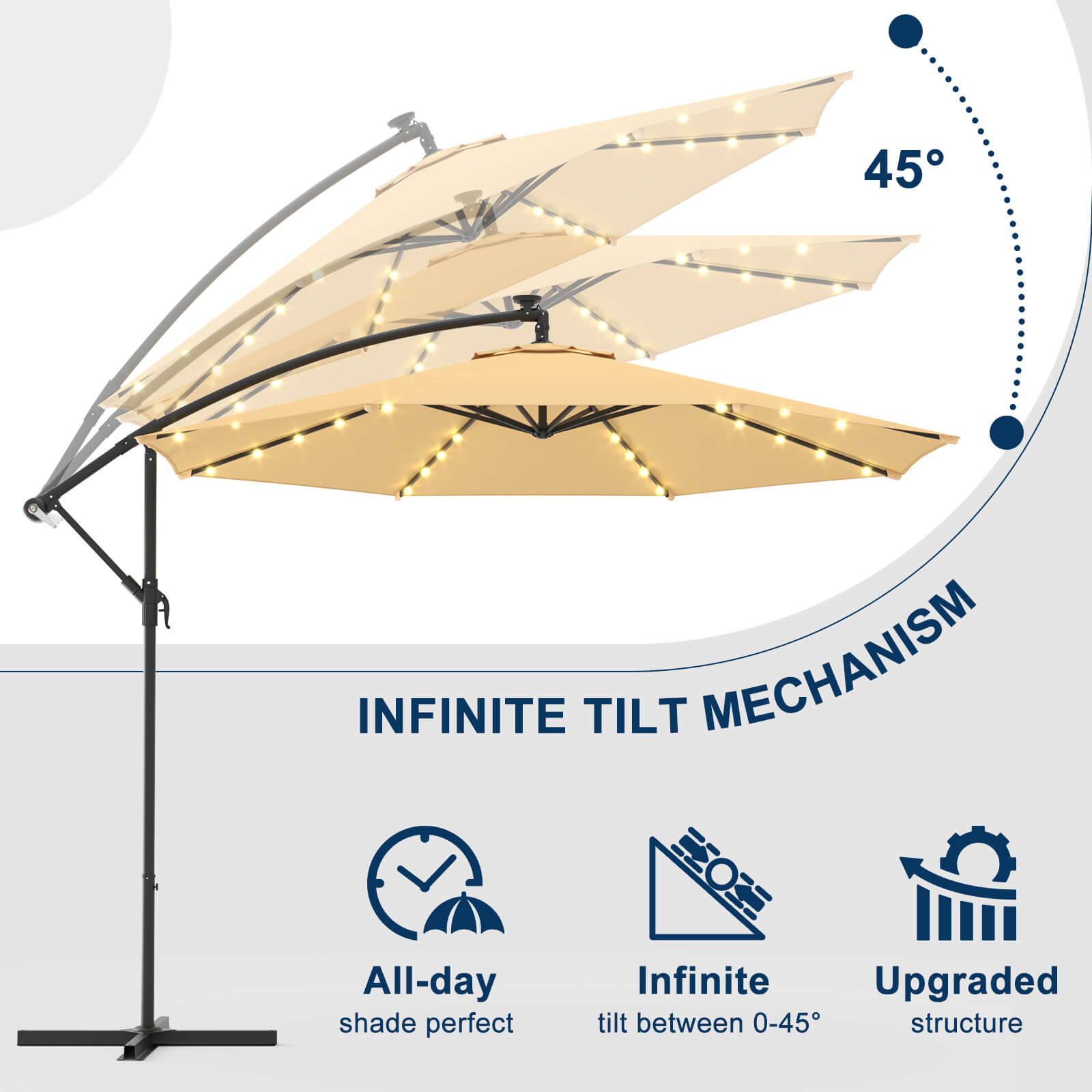 Homrest 10ft Solar Lighted Patio Umbrella, Infinite Tilt, Crank and Cross Base, Beige