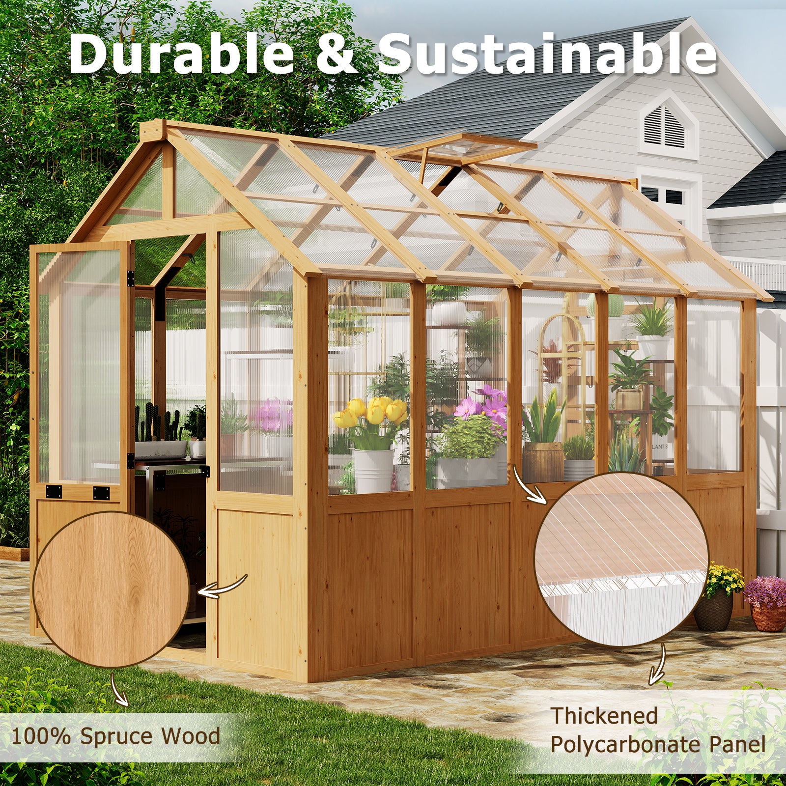 HOMREST 6x10 FT Wooden Greenhouse for Outdoors, Walk-in Greenhouse Kit with 4mm Polycarbonate Panels, Adjustable Roof Vent, Lockable Door, Backyard Greenhouse for Plants and Vegetables