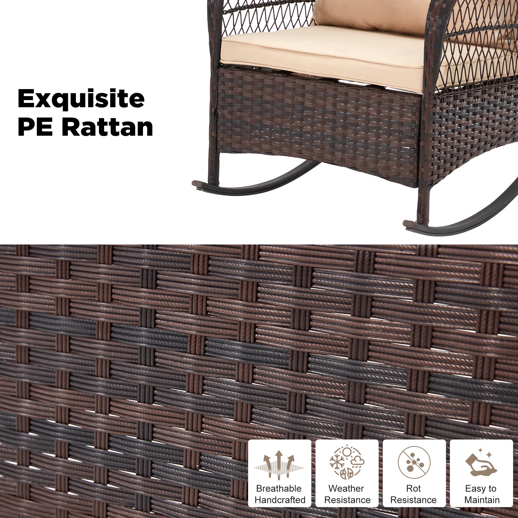 HOMREST 3 pcs Rocking Bistro Set, Outdoor PE Rattan Rocking Chairs with Tempered Glass Coffee Table