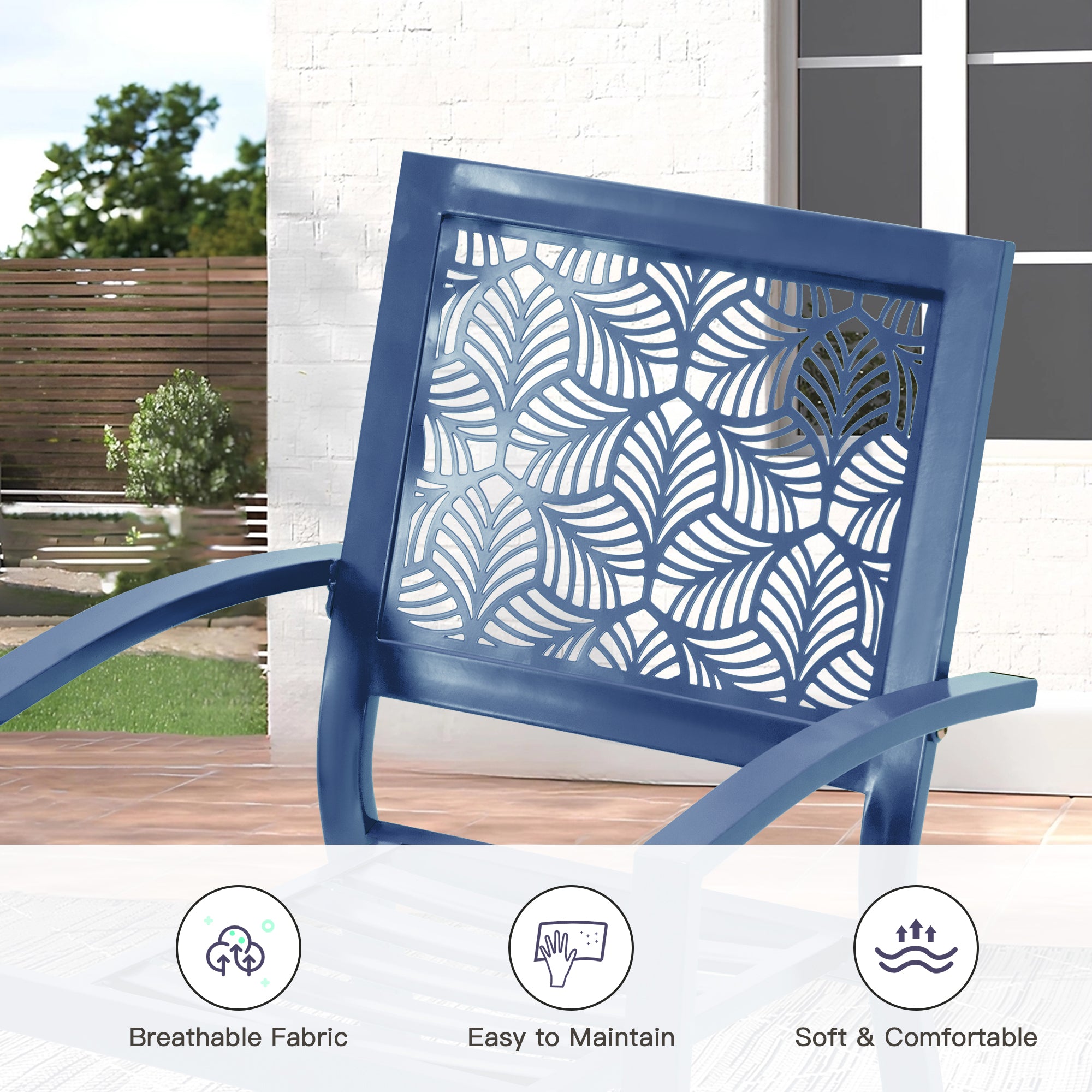 HOMREST 3-Piece Outdoor Bistro Set – Metal Chairs & Table, Floral Back Design, Peacock Blue