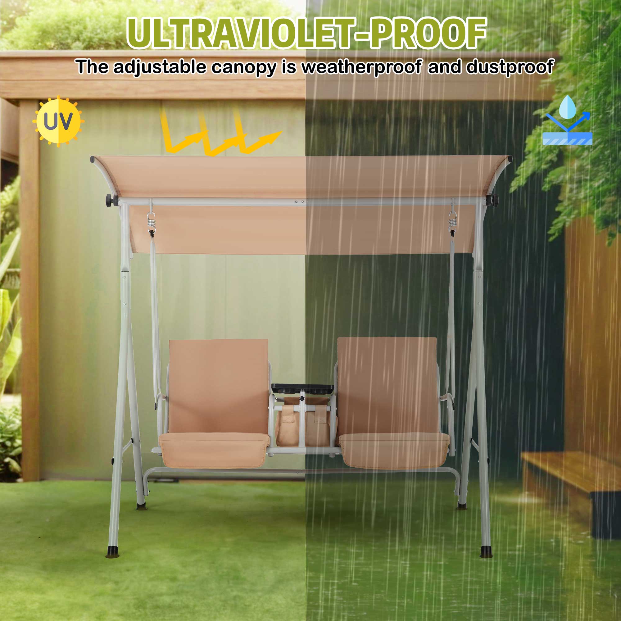 Homrest 2 Seat Outdoor Porch Swing with Adjustable Canopy, Beige