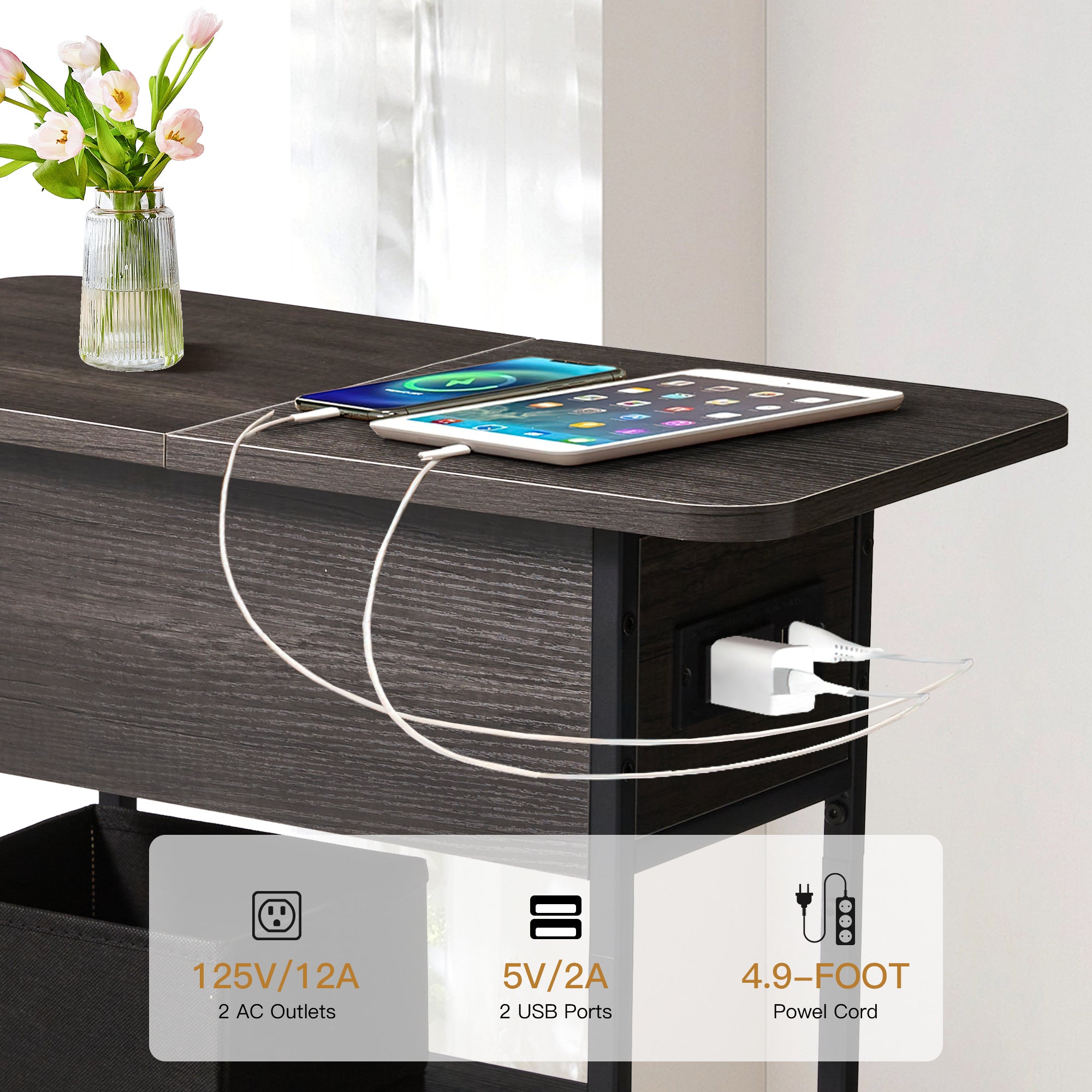 HOMREST Multi-Functional Flip Side Table, 360° Swivel Wheels & Storage Shelf for Living Room/Bedroom, Rustic Brown Wood End Table, Gray