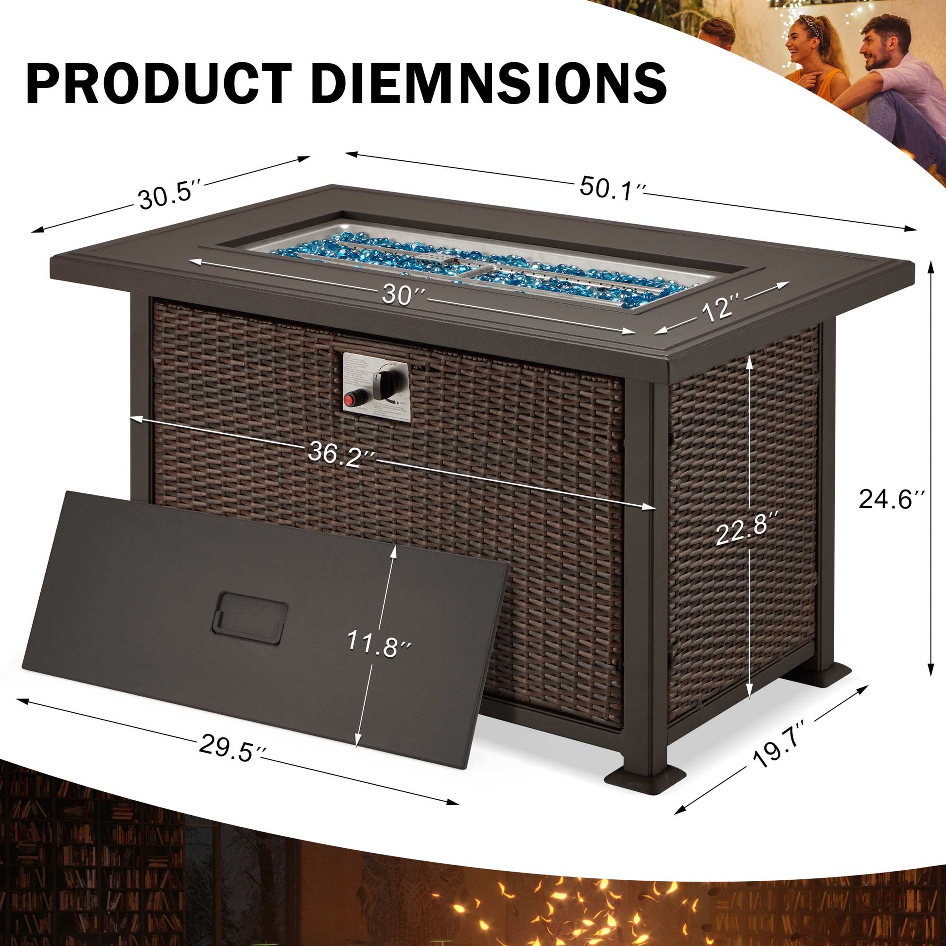 Product dimensions of Homrest fire pit table.