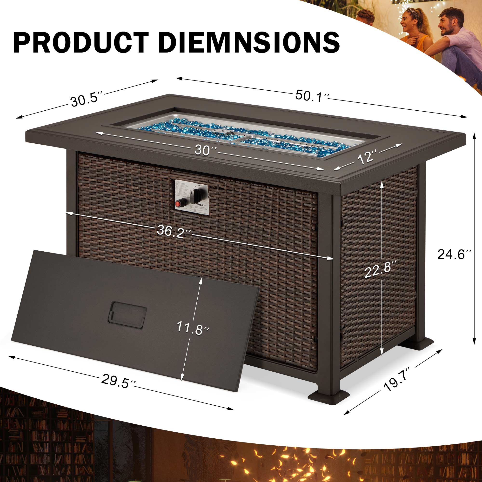 Product dimensions of Homrest fire pit table.