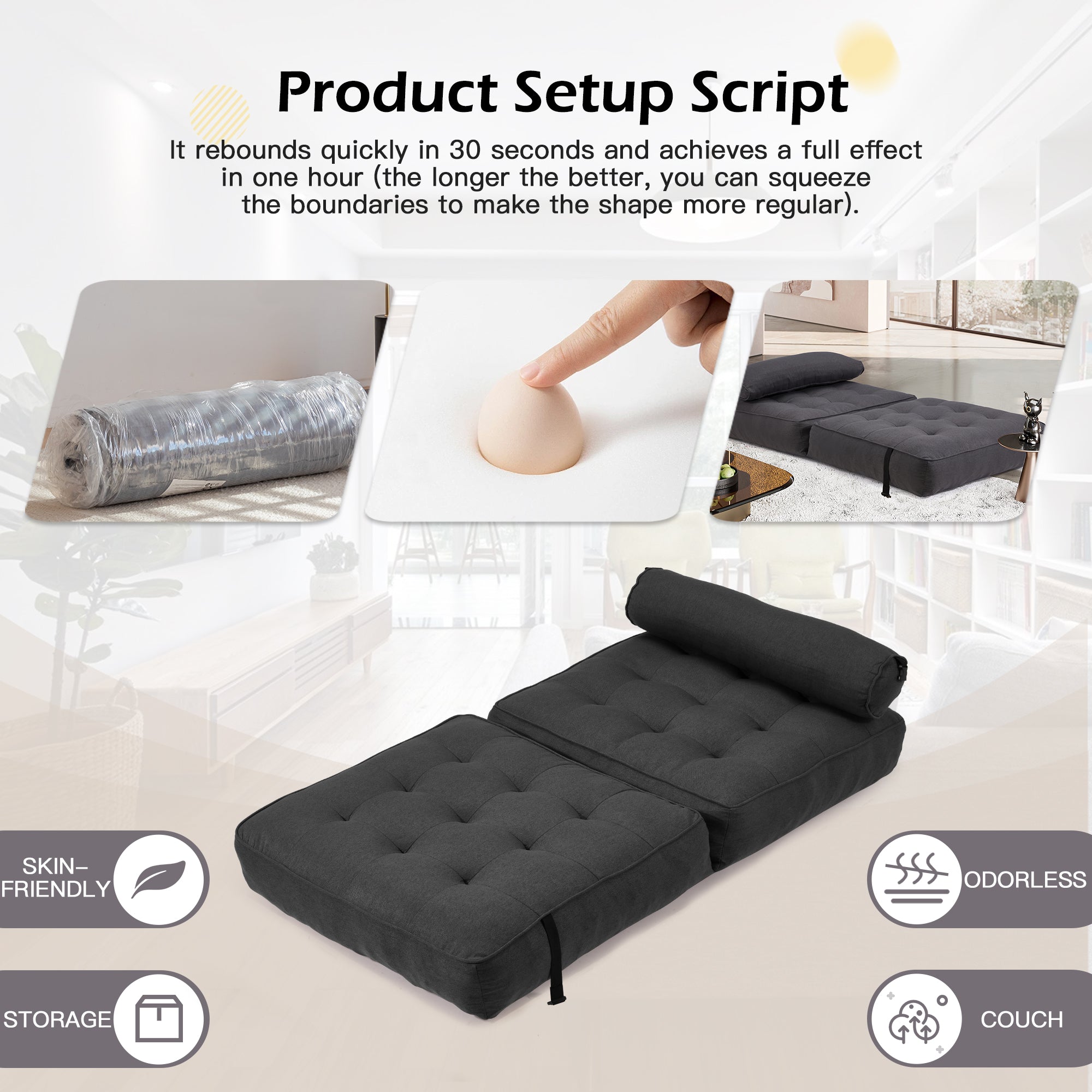 HOMREST 3-Piece Modular Sectional Sofa, Convertible Lounge Set – Foldable Couch Bed, Black