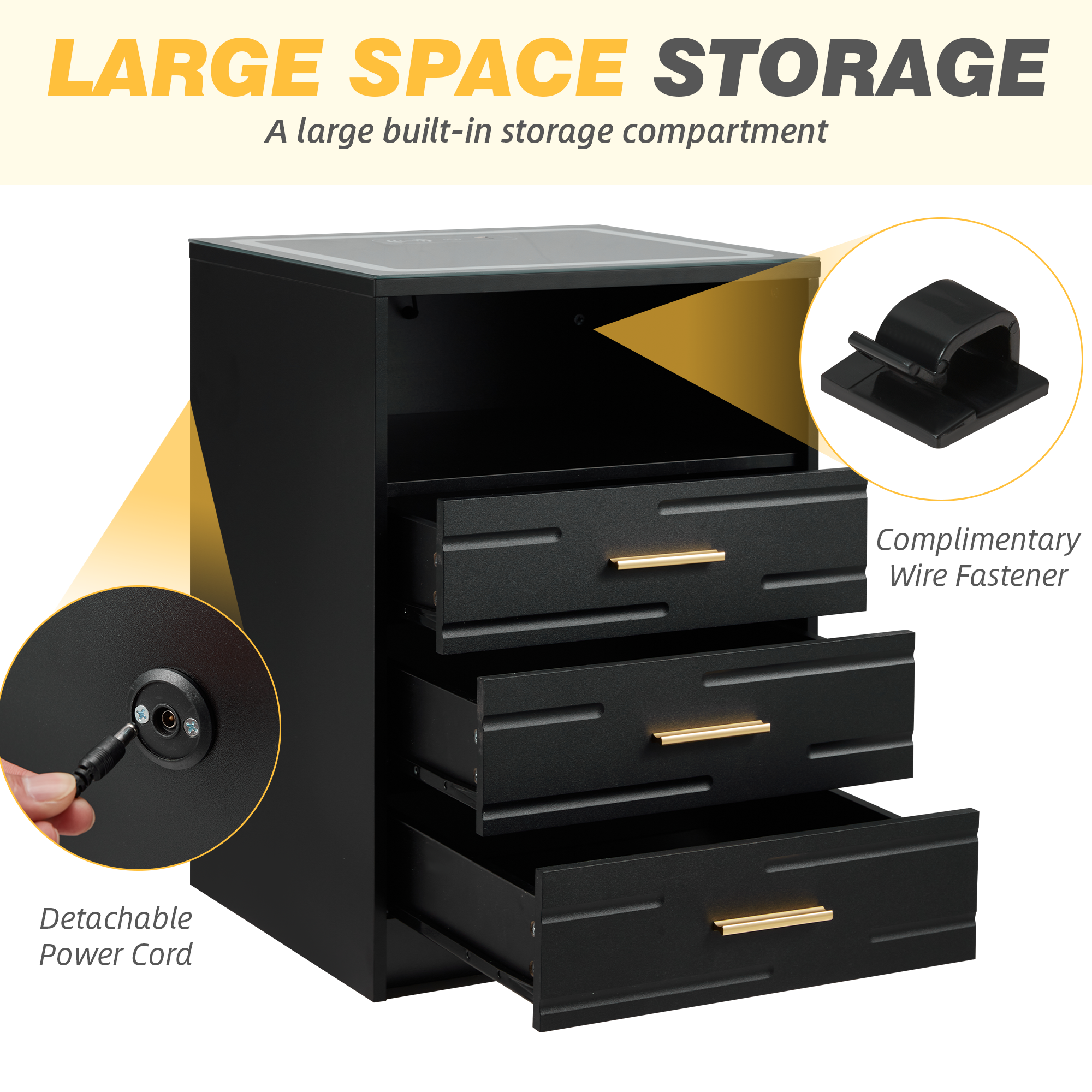 HOMREST LED Nightstand with Wireless Charging, Smart Bedside Table with Drawers & Adjustable LED Lights, Black