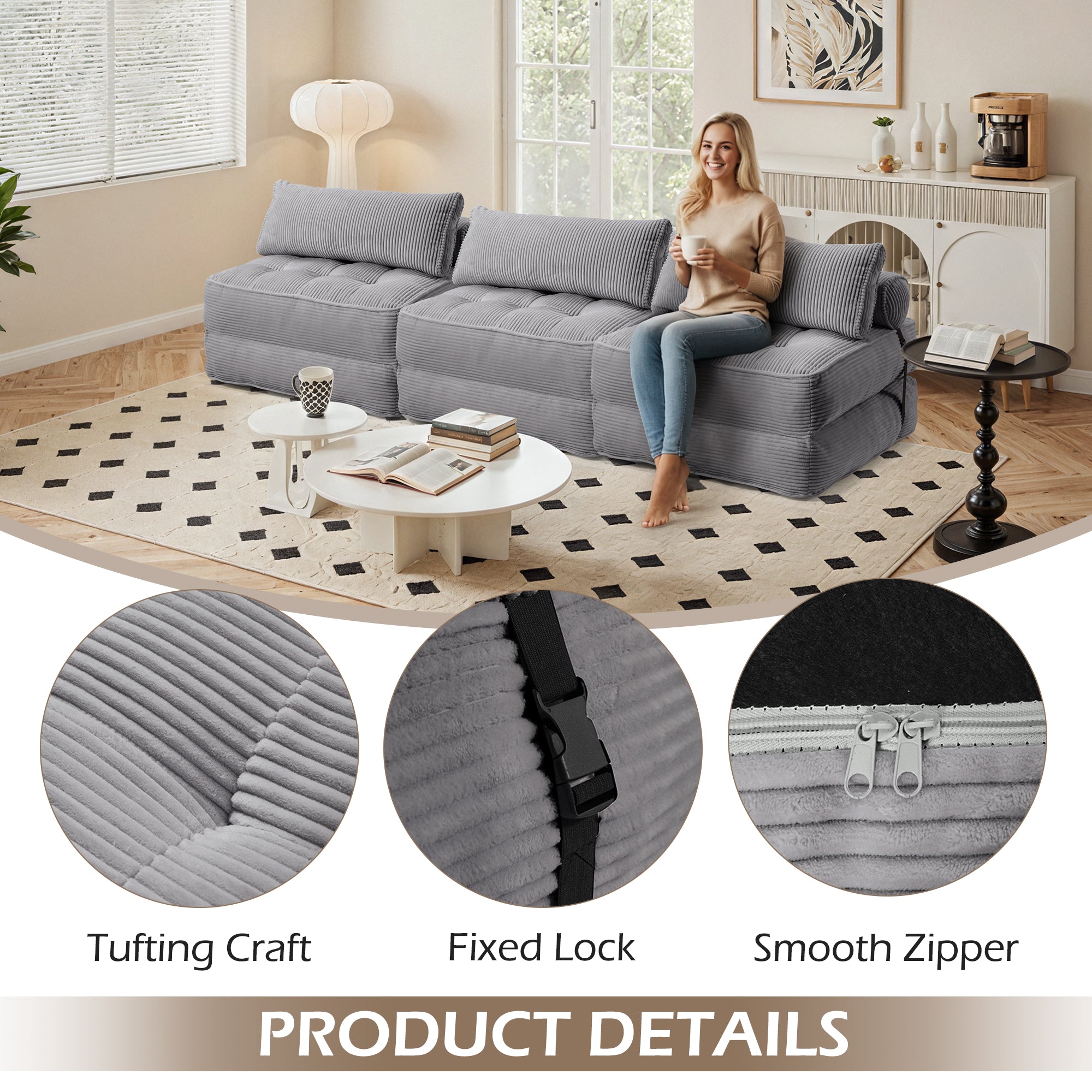 HOMREST 3-Piece Modular Sectional Sofa, Convertible Lounge Set – Foldable Couch Bed, Avocado Green
