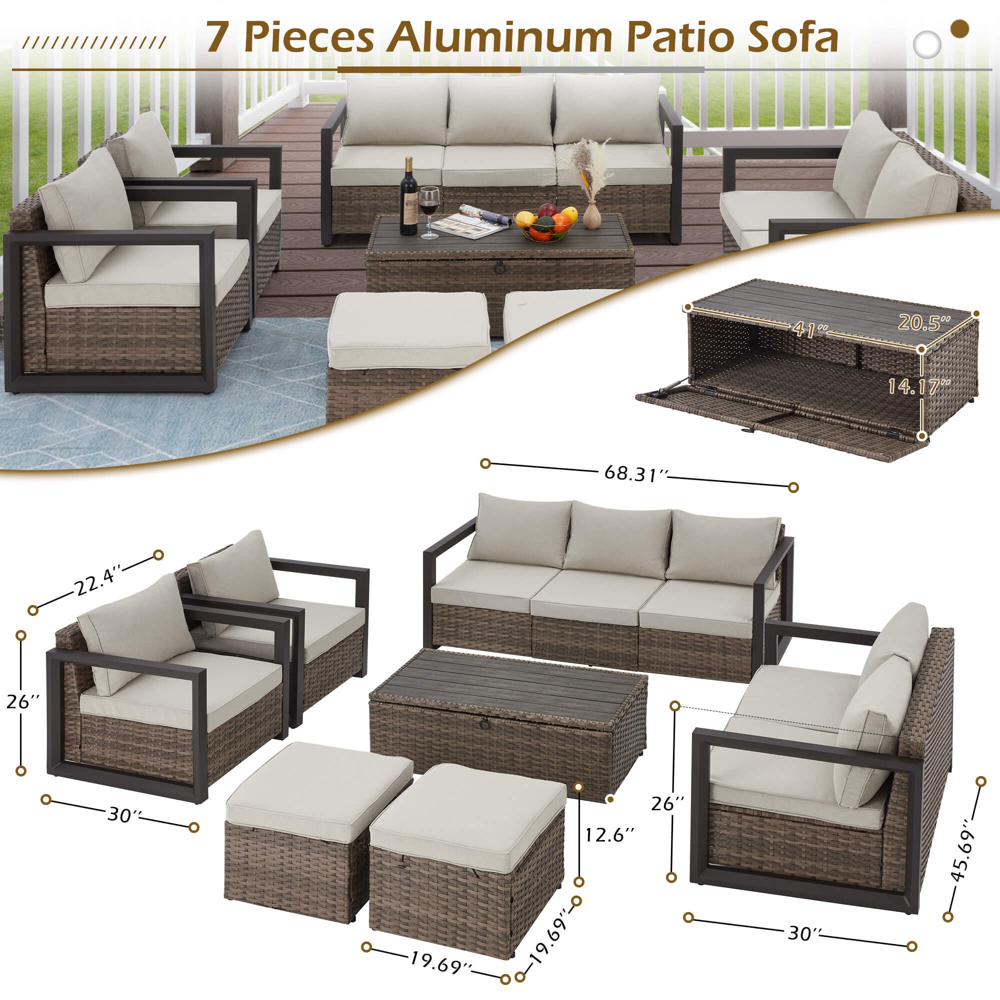 HOMREST 7 Pieces Aluminum Patio Furniture Set, PE Rattan Sectional Sofa Set with Storage Table, Modern Patio Conversation Sets w/ 2 Ottomans, Beige