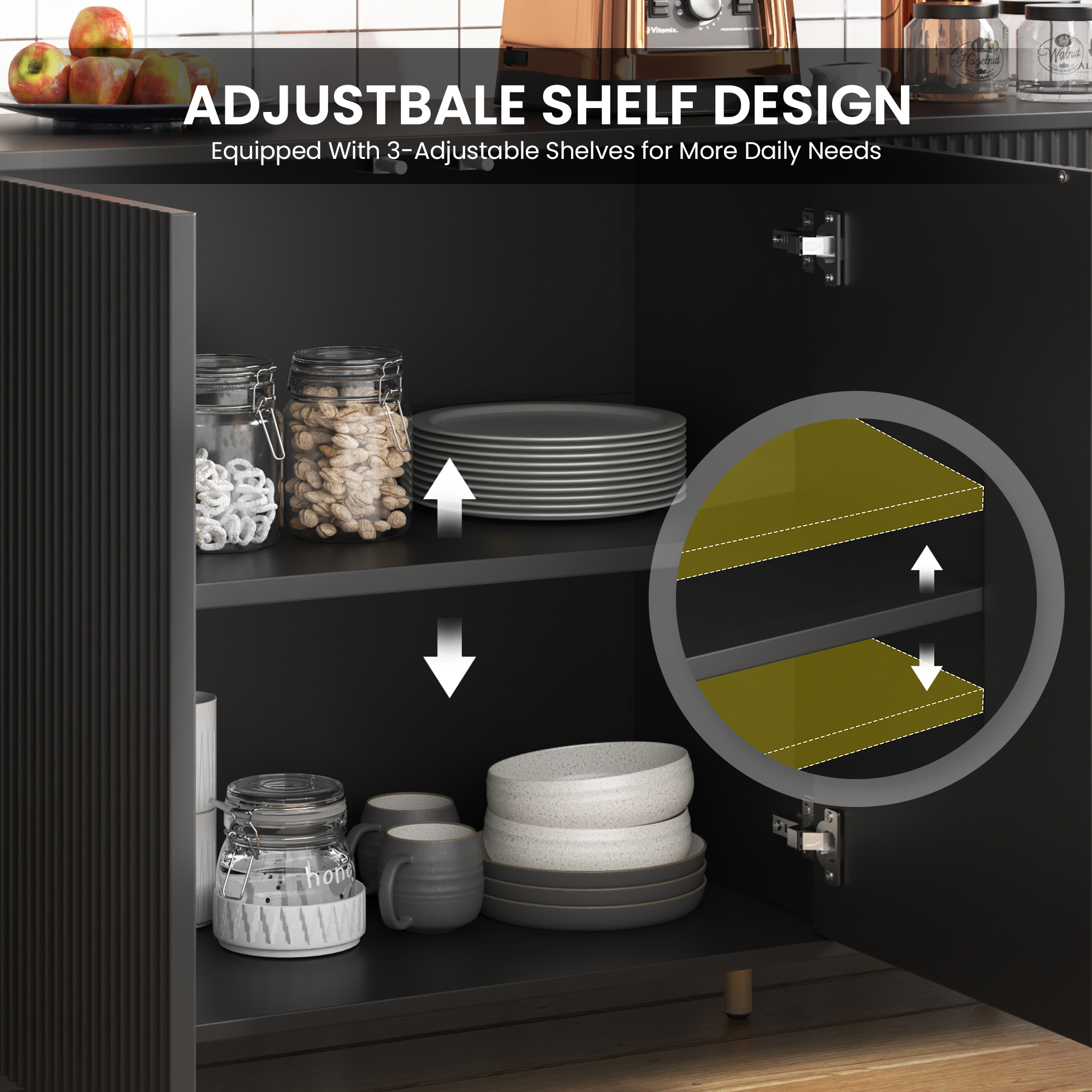 HOMREST 67" 4-Door Sideboard Cabinet Buffet With Adjustable Shelves, Black