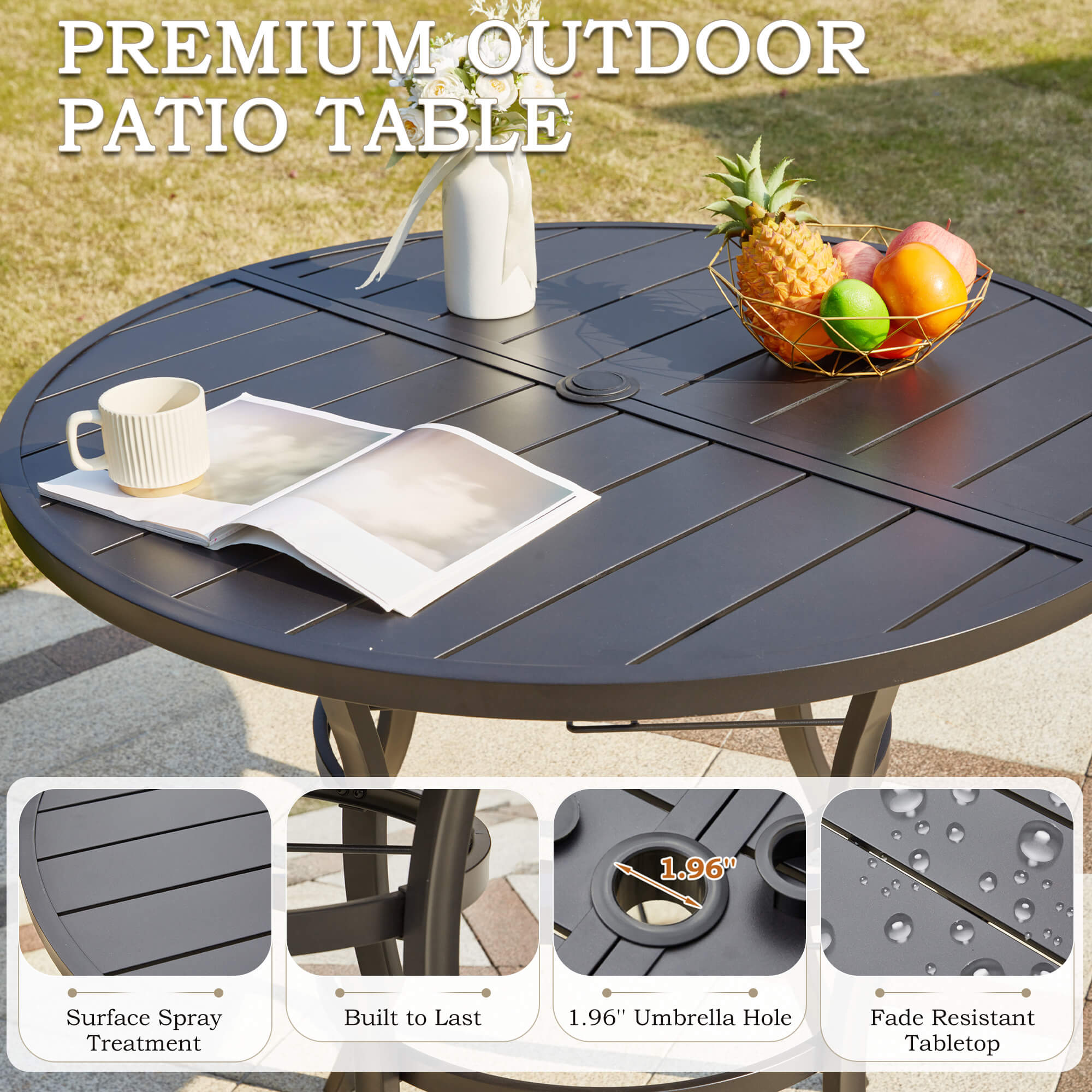 HOMREST 5-Piece Outdoor Dining Set, 4 Swivel Rattan Chairs with Thick Removable Cushions, Round Dining Table with Umbrella Hole