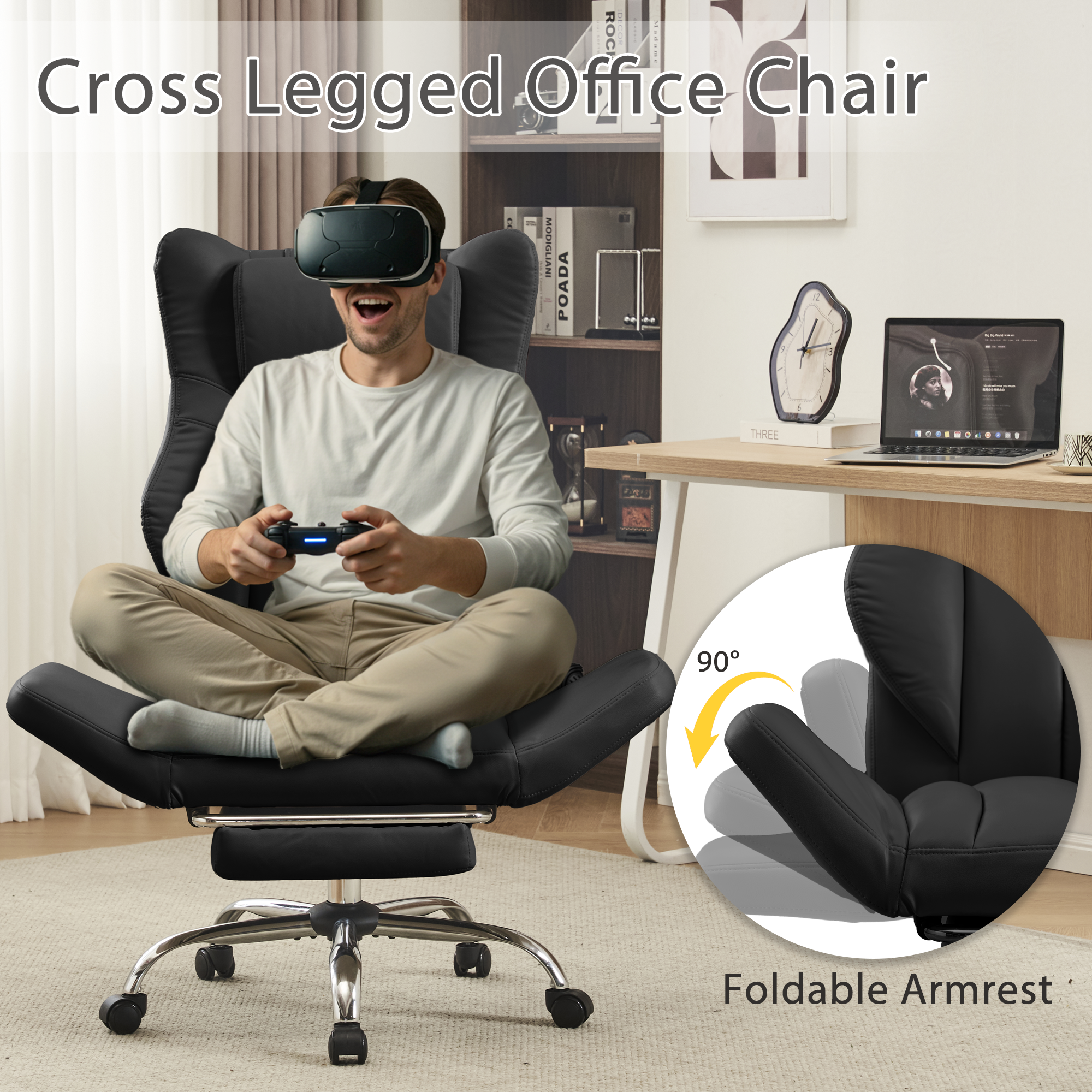 HOMREST Ergonomic Cross Legged Office Chair with Footrest,Big and Tall Leather Executive Chair with Reversible Armrest,Lumbar Pillow and Wheels,155° Reclining Computer Wide Desk Chair for Home,Office (Black)