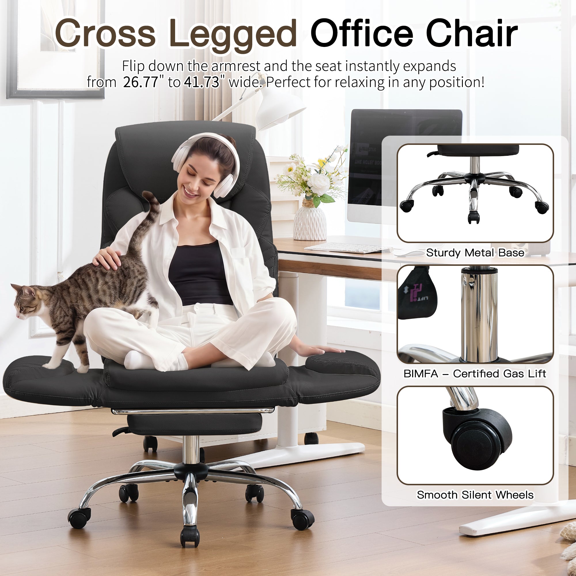 HOMREST Modern Cross Legged Office Chair with Footrest,Leather Ergonomic Executive Chair with Lumbar Pillow, Black