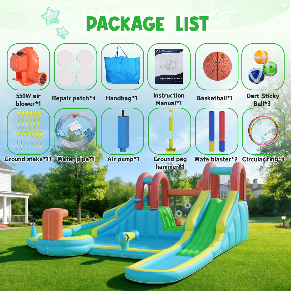 Homrest Inflatable Water Slide,10 in 1 Double Water Slide Bounce House for Kids 3-12 with Blower, Splash Pool, Water Cannon, Climbing Wall, Basketball Hoop for Kids Indoor Outdoor Backyard
