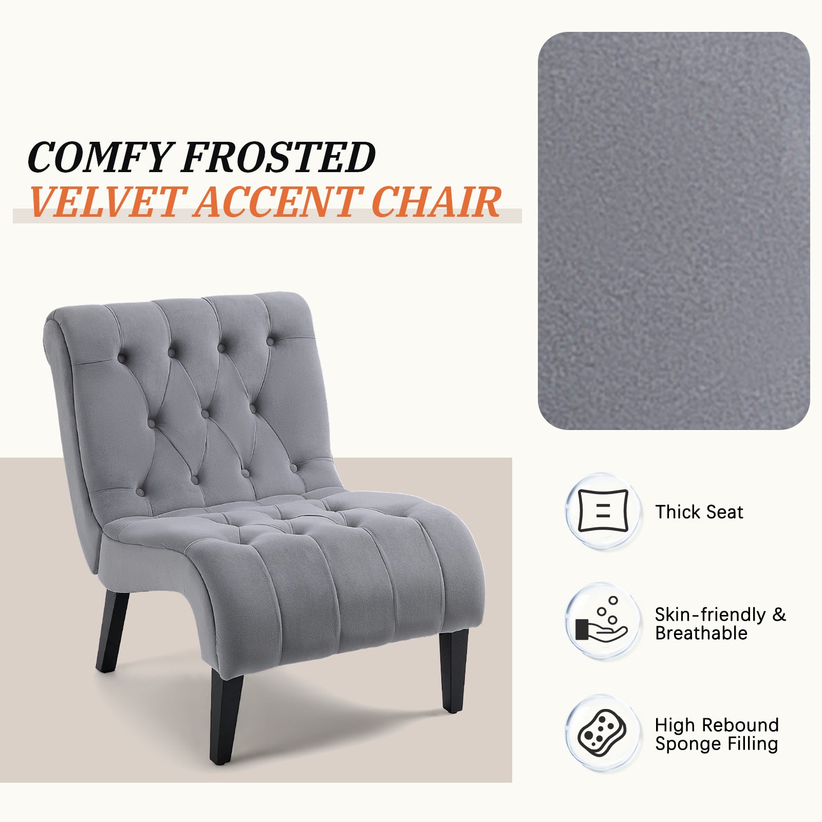 HOMREST Armless Accent Chair, Upholstered Button Tufted Living Room Chairs with Wood Legs, Comfy Frosted Velvet Lounge Chair Reading Chair for Bedroom, Grey