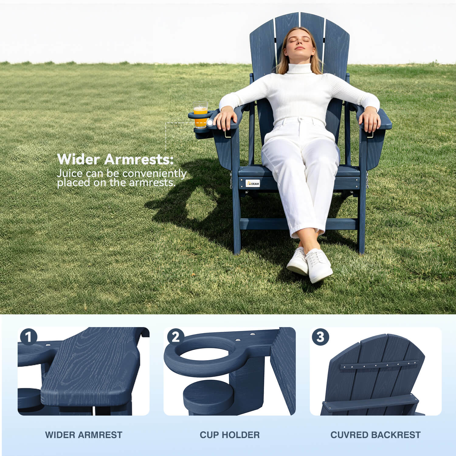 HOMREST 3-Position Adjustable Adirondack Chairs Set of 2, 400LBS HDPE Folding Outdoor Chairs with Cup Holder, Navy Blue