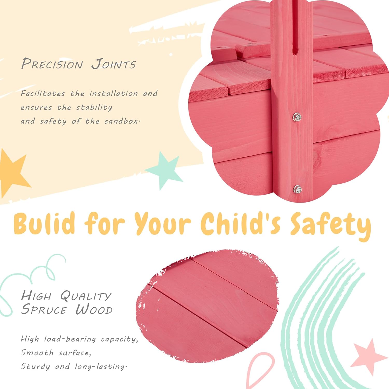 Homrest Kids Sandbox with Cover, Wooden with Height Adjustable Roof,for Aged 3-8, for Backyard, Beach, Lawn, Pink