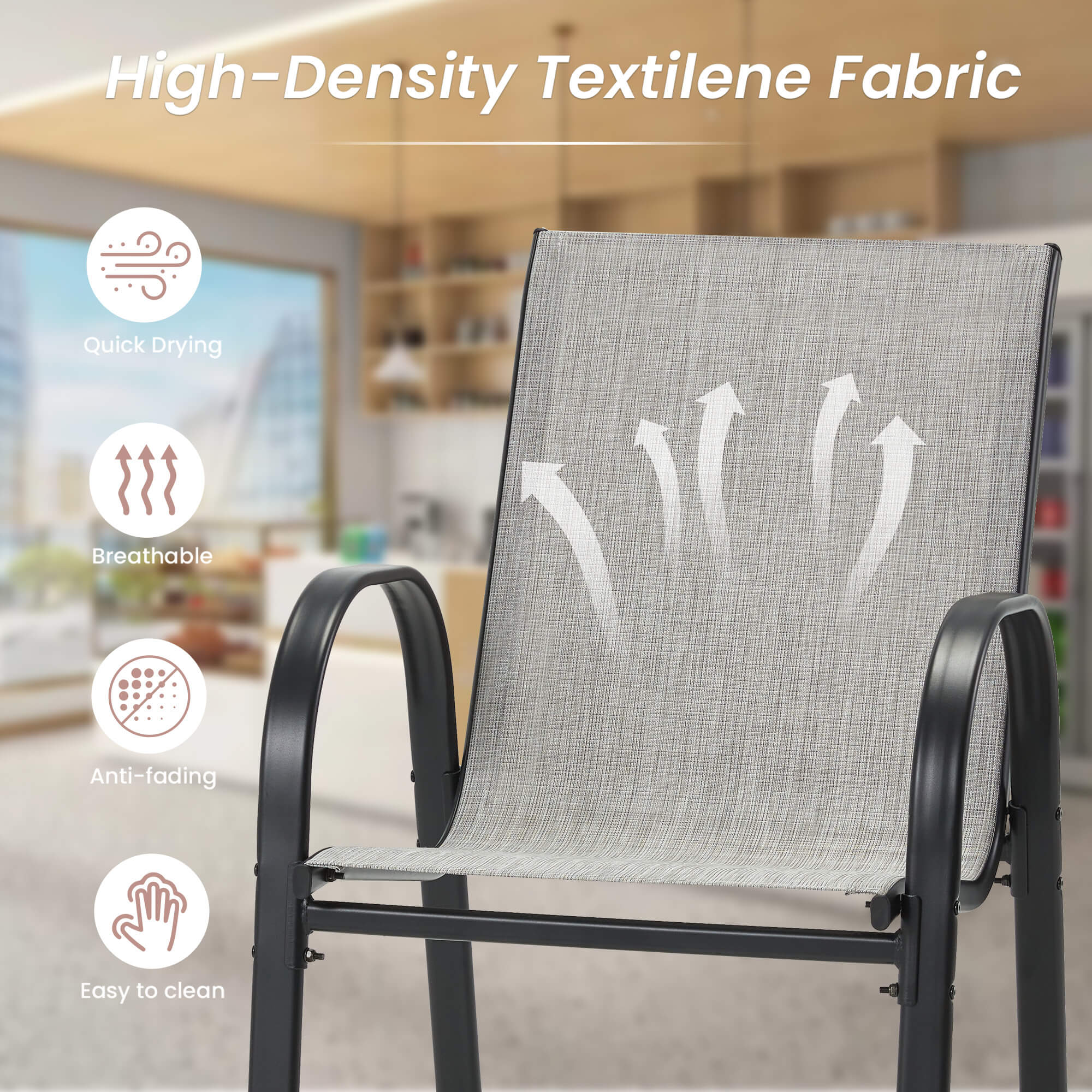 HOMREST Outdoor Bar Height Stools Set of 4, High Back Patio Chairs with Armrests,Textilene Chairs with Breathable Fabric & Metal Frame, Light Grey
