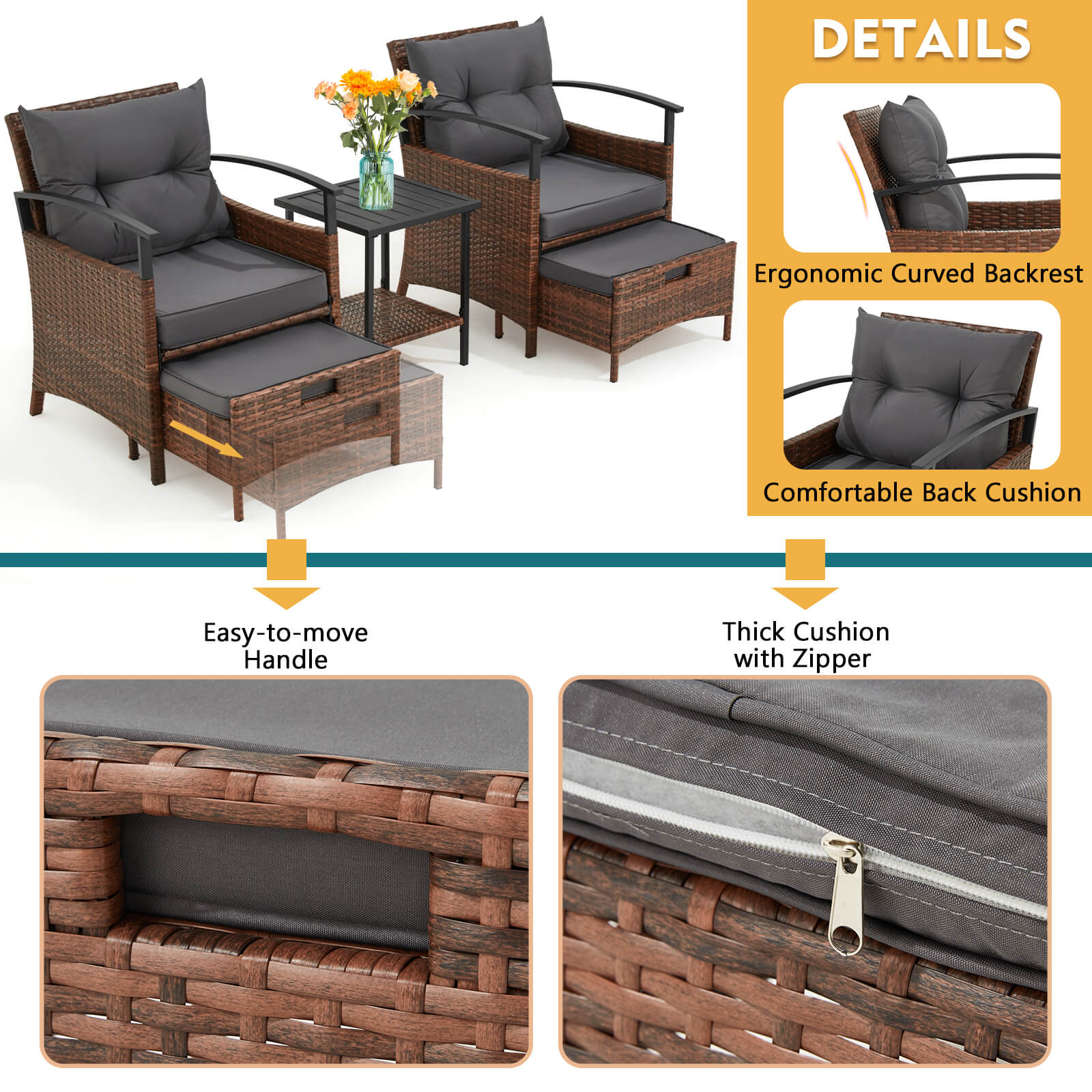 HOMREST 5 Pieces Patio Furniture Set, Outdoor Rattan Chairs with Metal Coffee Table, Ottomans & Soft Cushions, Wicker Conversation Bistro Set, Dark Gray