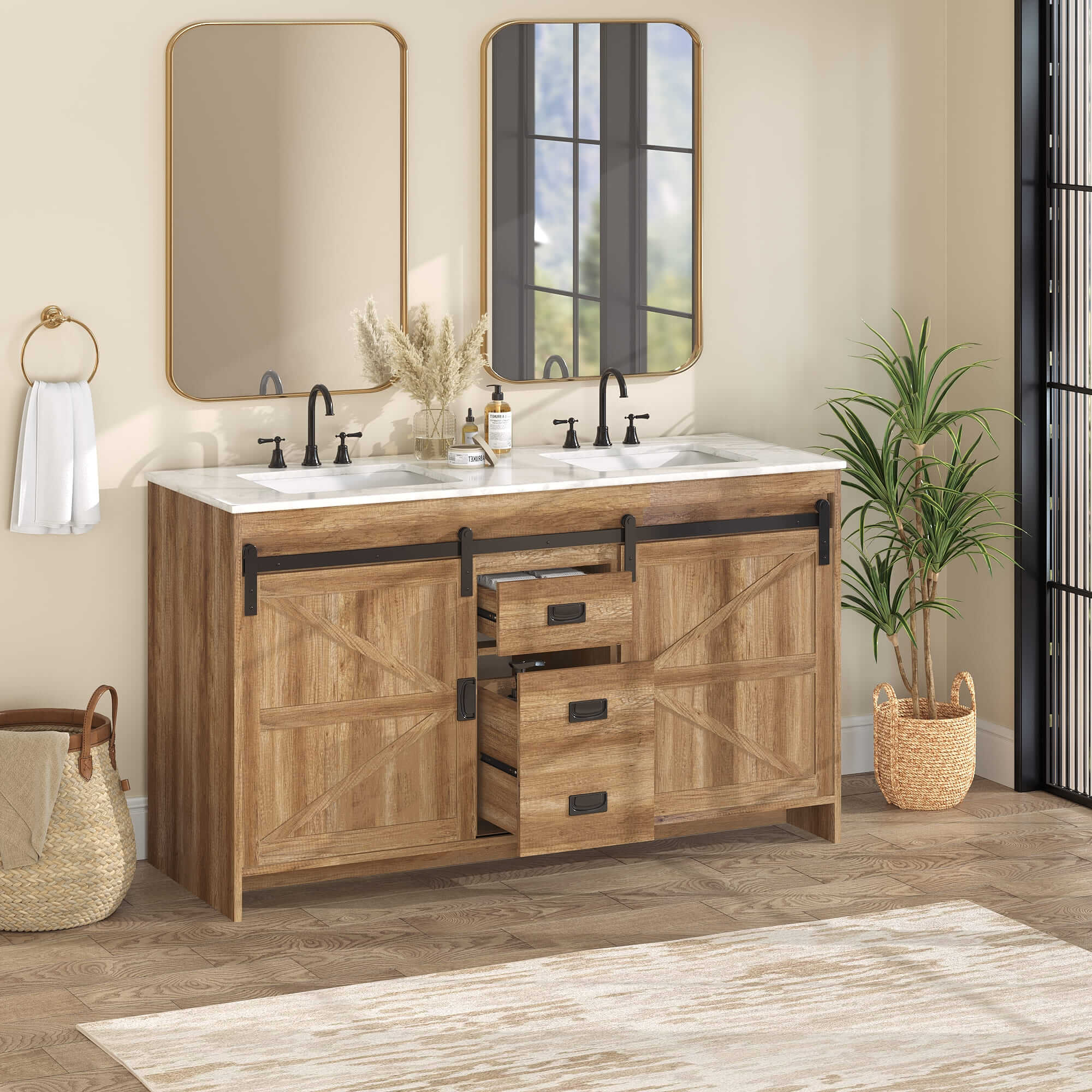 HOMREST 60" Farmhouse Double Bathroom Vanity with engineered stone top, Sliding Barn Door Sink Vanity, Brown