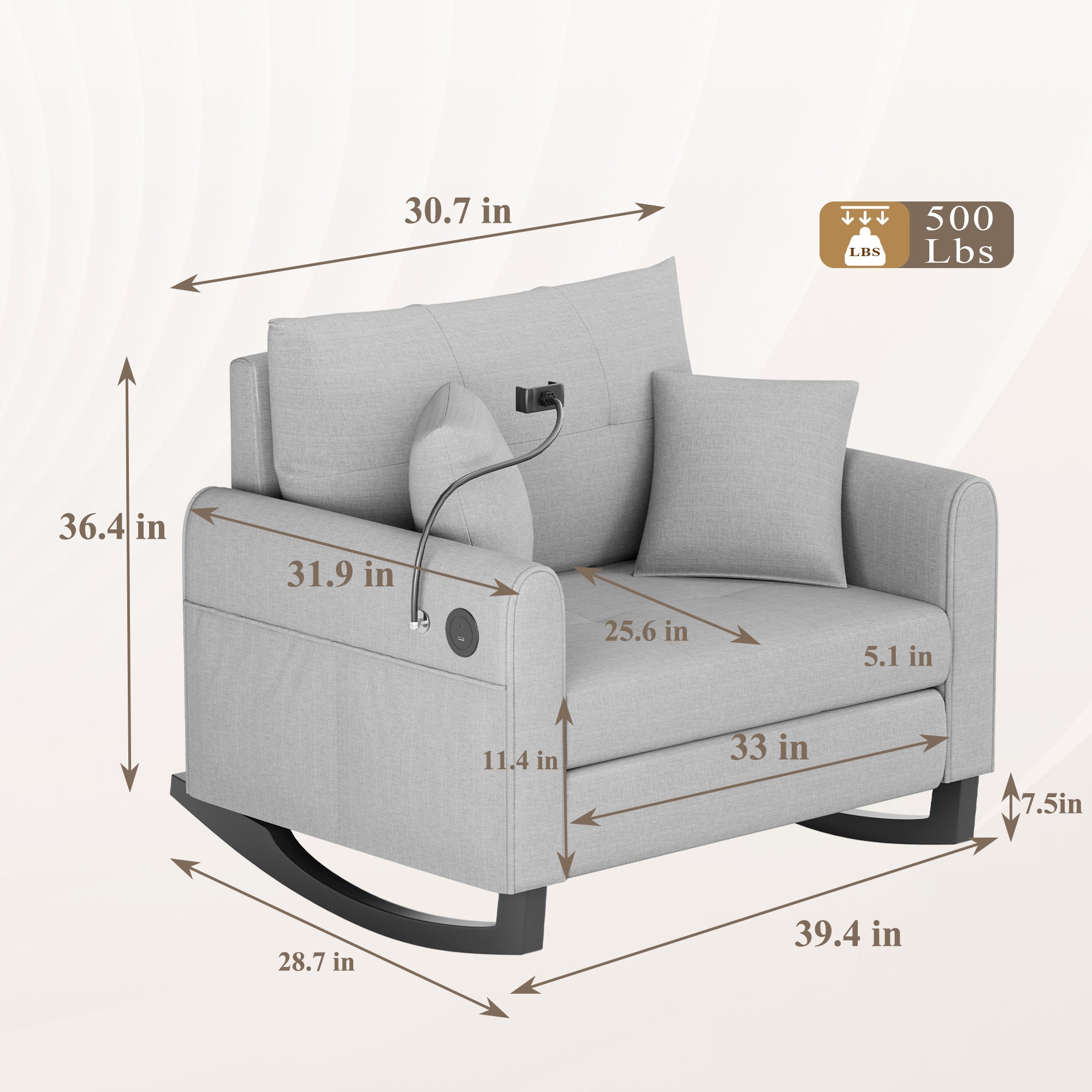 HOMREST Upholstered Oversize Rocking Chair with Adjustable Phone Handle, Nursery Rocking Chair with High Back and Side Pocket USB Port, Double Wide Rocker for Living Room, Bedroom, Nursery, Gray