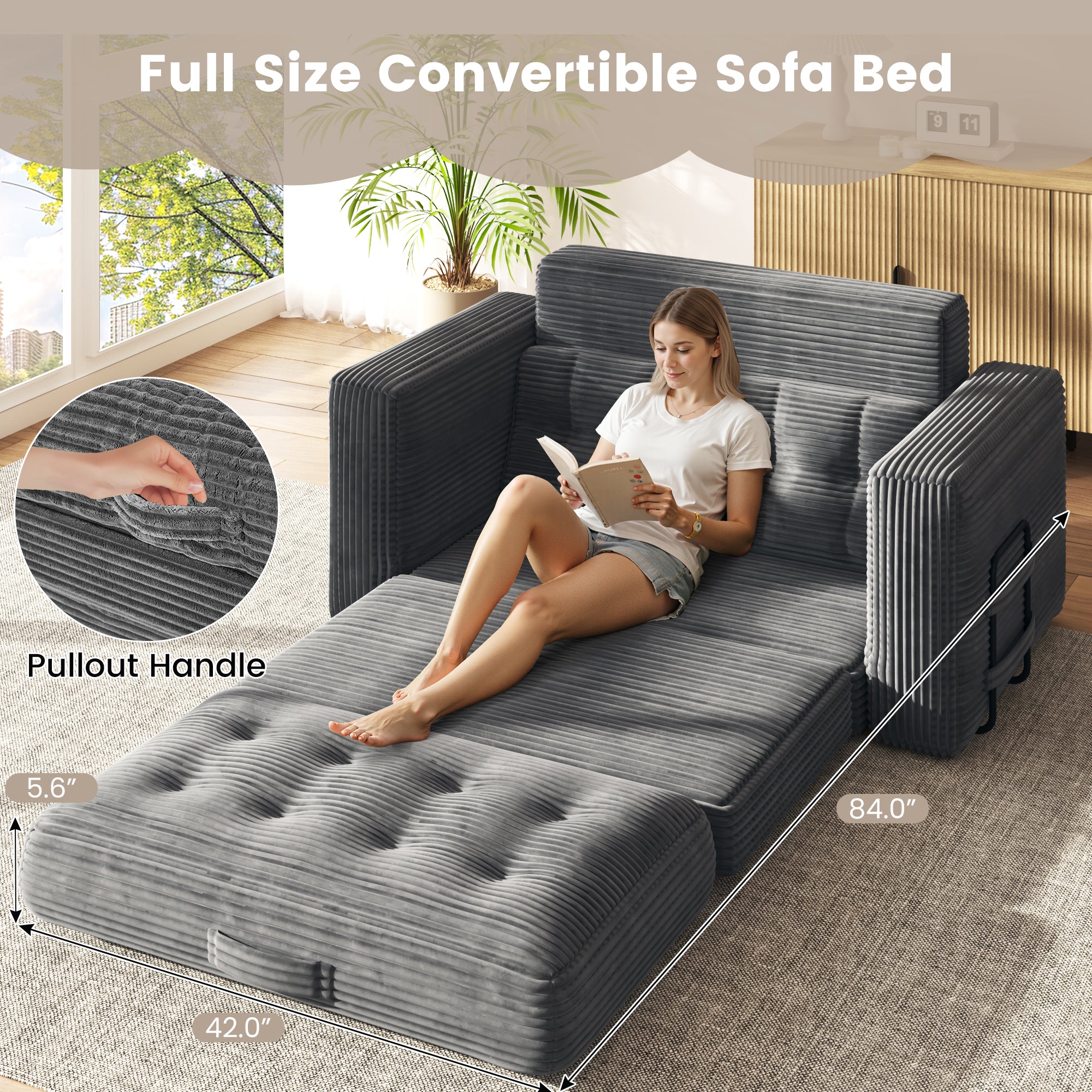 HOMREST No Assembly Needed Convertible Sofa Bed, 2 in 1 Boneless Couch Bed with 2 Pillows, Gray