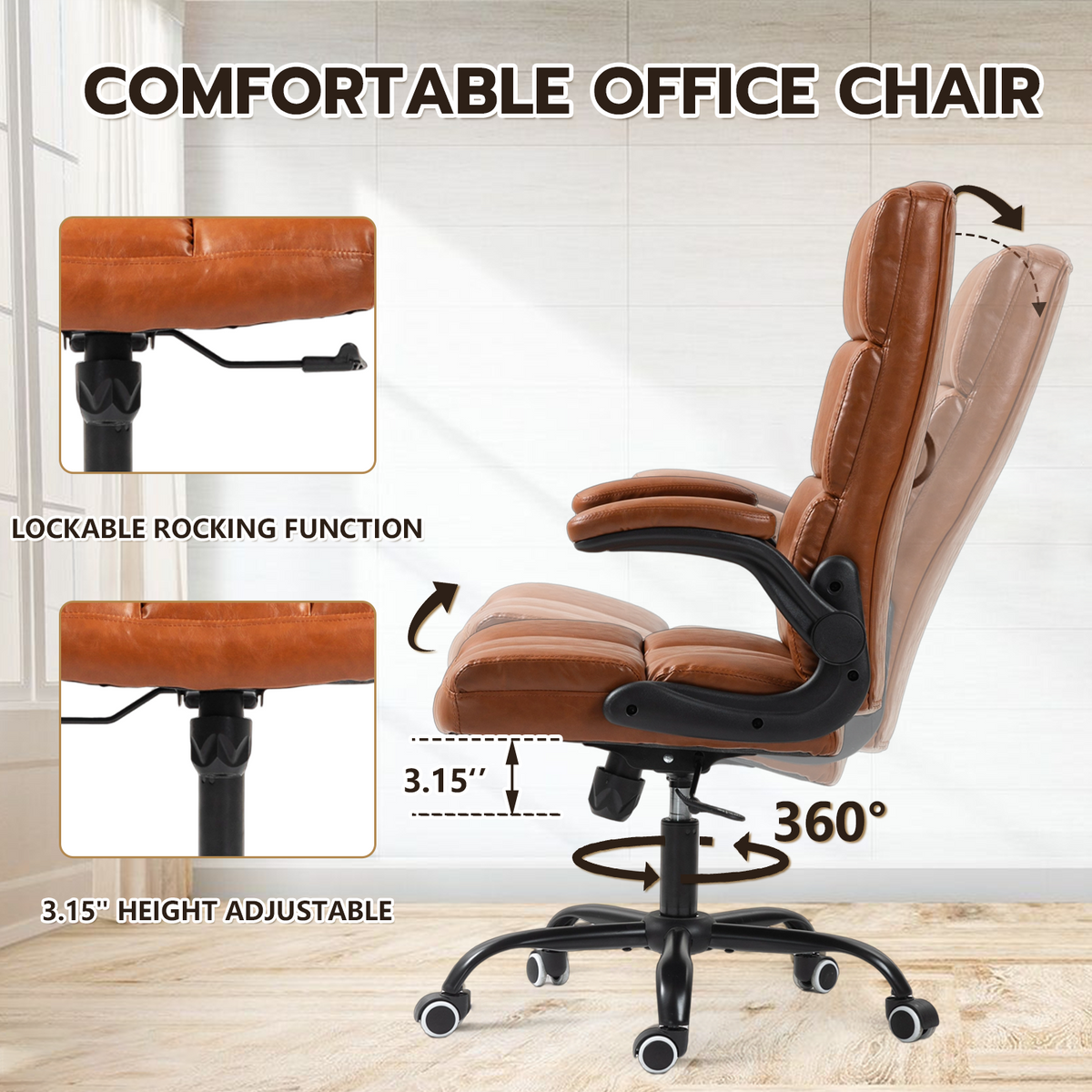 HOMREST Executive Office Chair, PU Leather Ergonomic Comfy Desk Chair, Brown