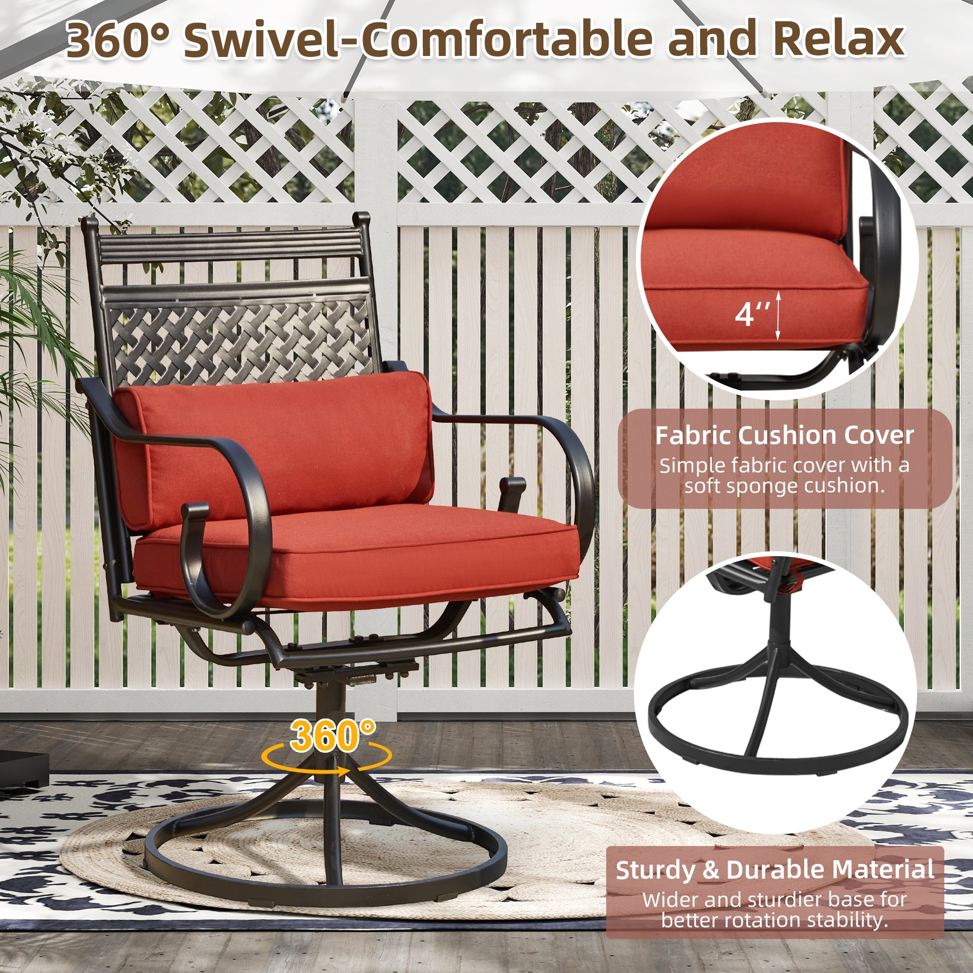 homrest Patio Swivel Chair Set of 2, Outdoor Dining Chairs with Cushions for Porch, Deck, and Garden, Red