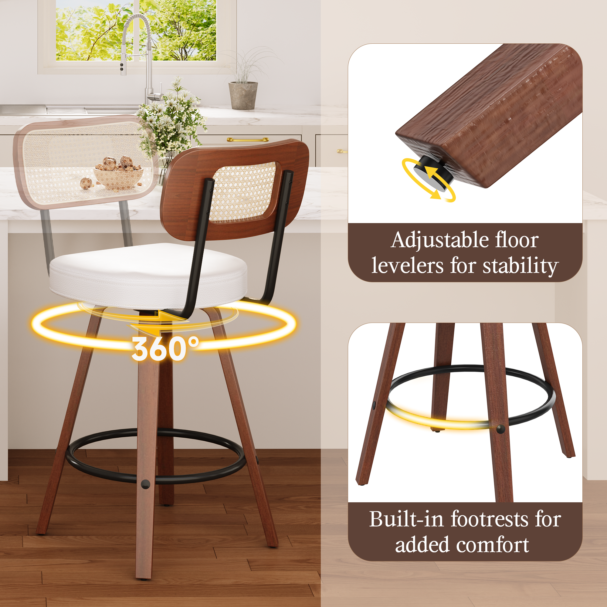 HOMREST Swivel Upholstered Rattan Back Counter & Bar Stool, Bar Chair With Solid Wood Frame And Metal Footrest (set Of 2), Beige