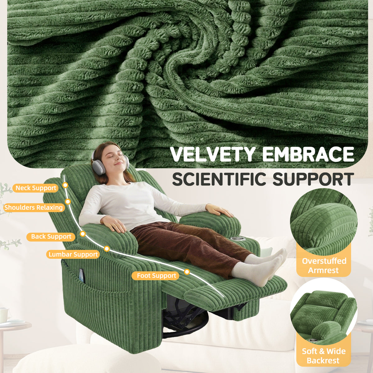 HOMREST Power Oversized Swivel Rocker Recliner with Massage and Heat, Nursery Rocking Chairs for Living Room,Green