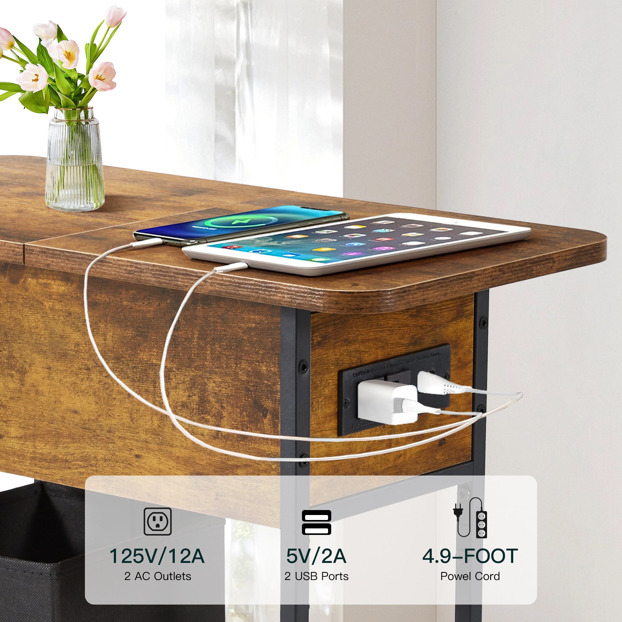 HOMREST Multi-Functional Flip Side Table, 360° Swivel Wheels & Storage Shelf for Living Room/Bedroom, Rustic Brown Wood End Table, Brown
