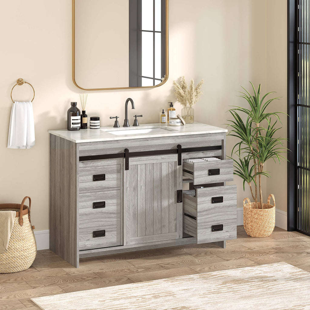 HOMREST 48" Farmhouse Single Bathroom Vanity with Engineered Stone Top, Sliding Barn Door Sink Vanity, Gray