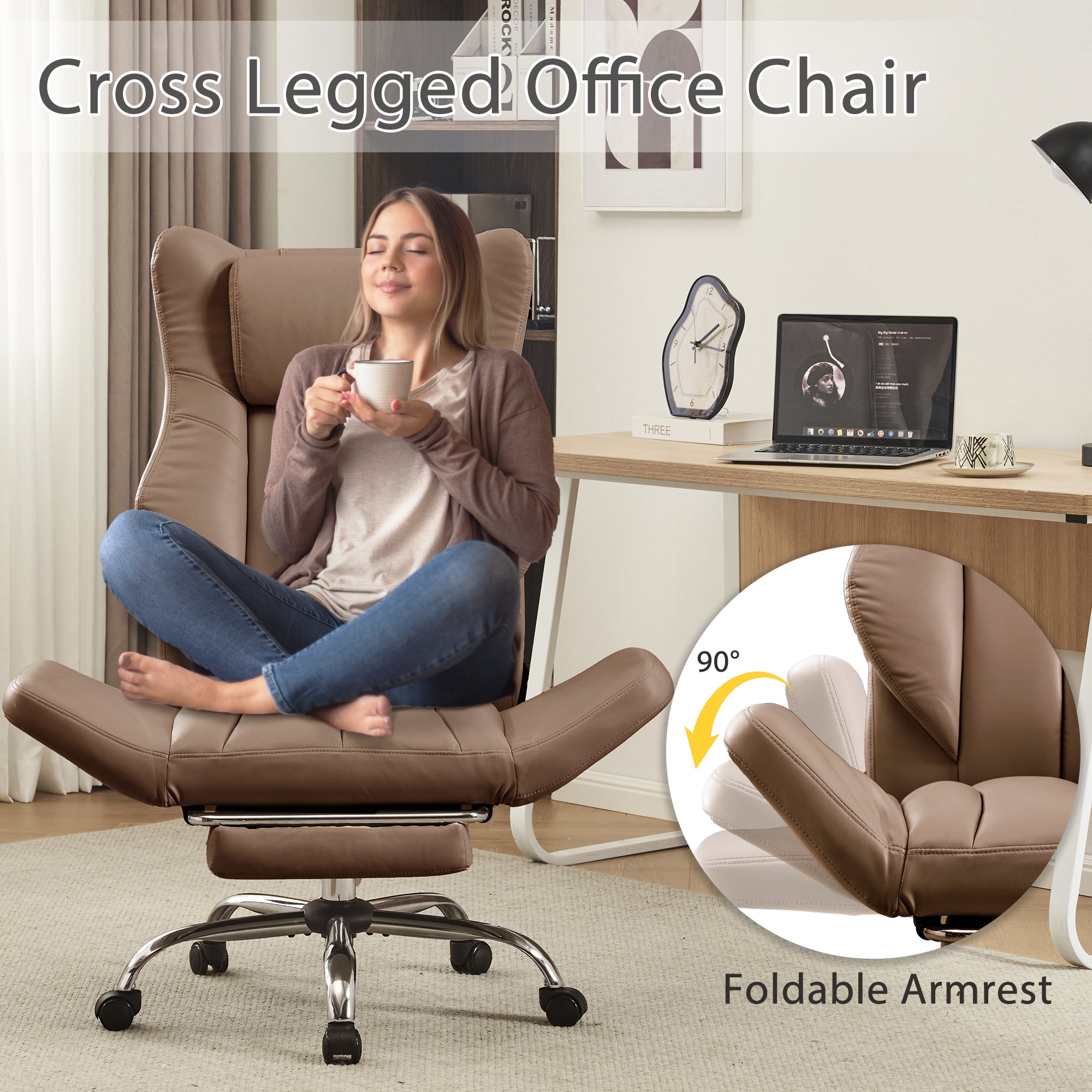 HOMREST Ergonomic Cross Legged Office Chair with Footrest,Big and Tall Leather Executive Chair with Reversible Armrest,Lumbar Pillow and Wheels,155° Reclining Computer Wide Desk Chair for Home,Office (Brown)