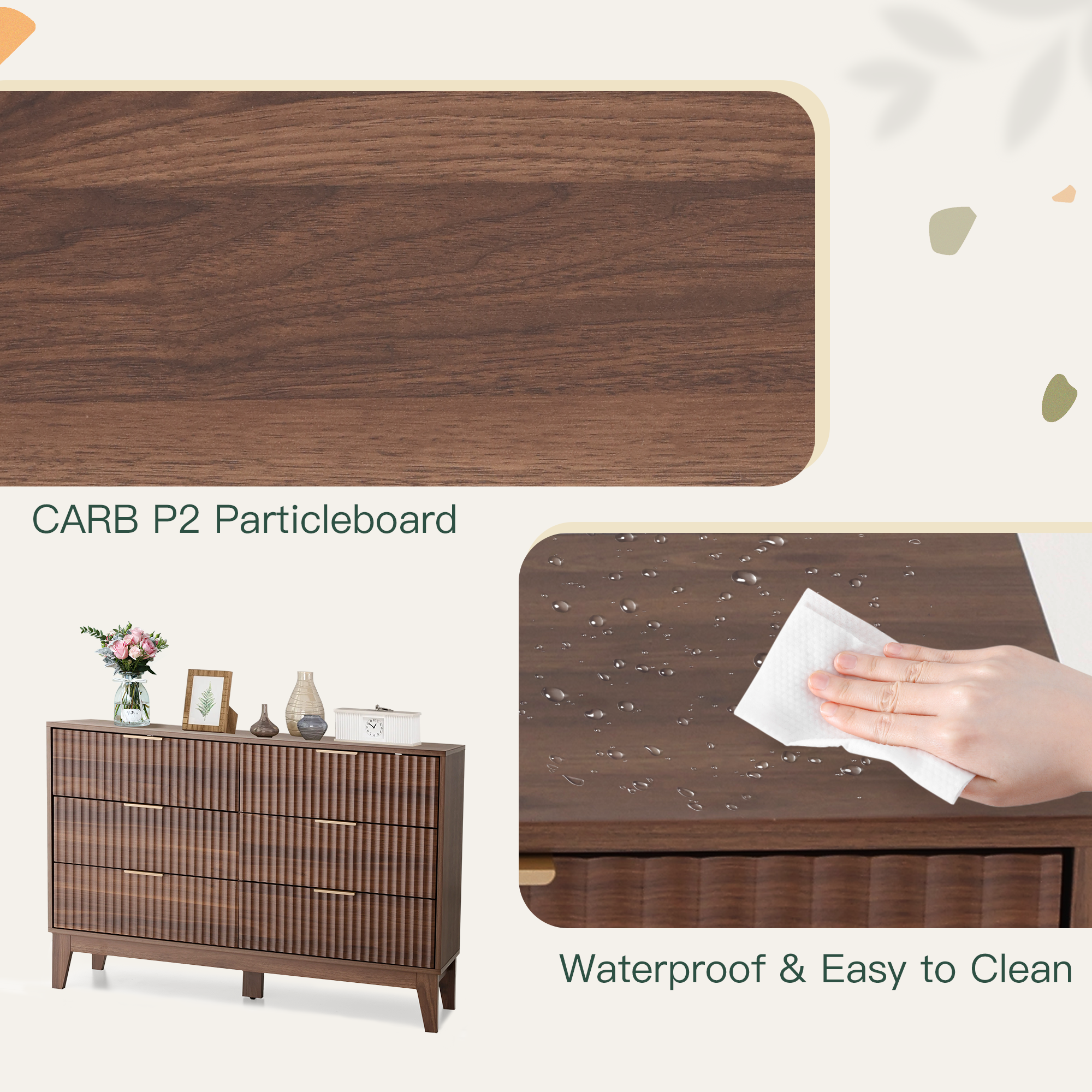 HOMREST Fluted Dresser for Bedroom, 6 Drawer Modern Dresser, Wide Modern Chest of Drawers with Metal Handle, Mid Century Modern Dresser, Walnut