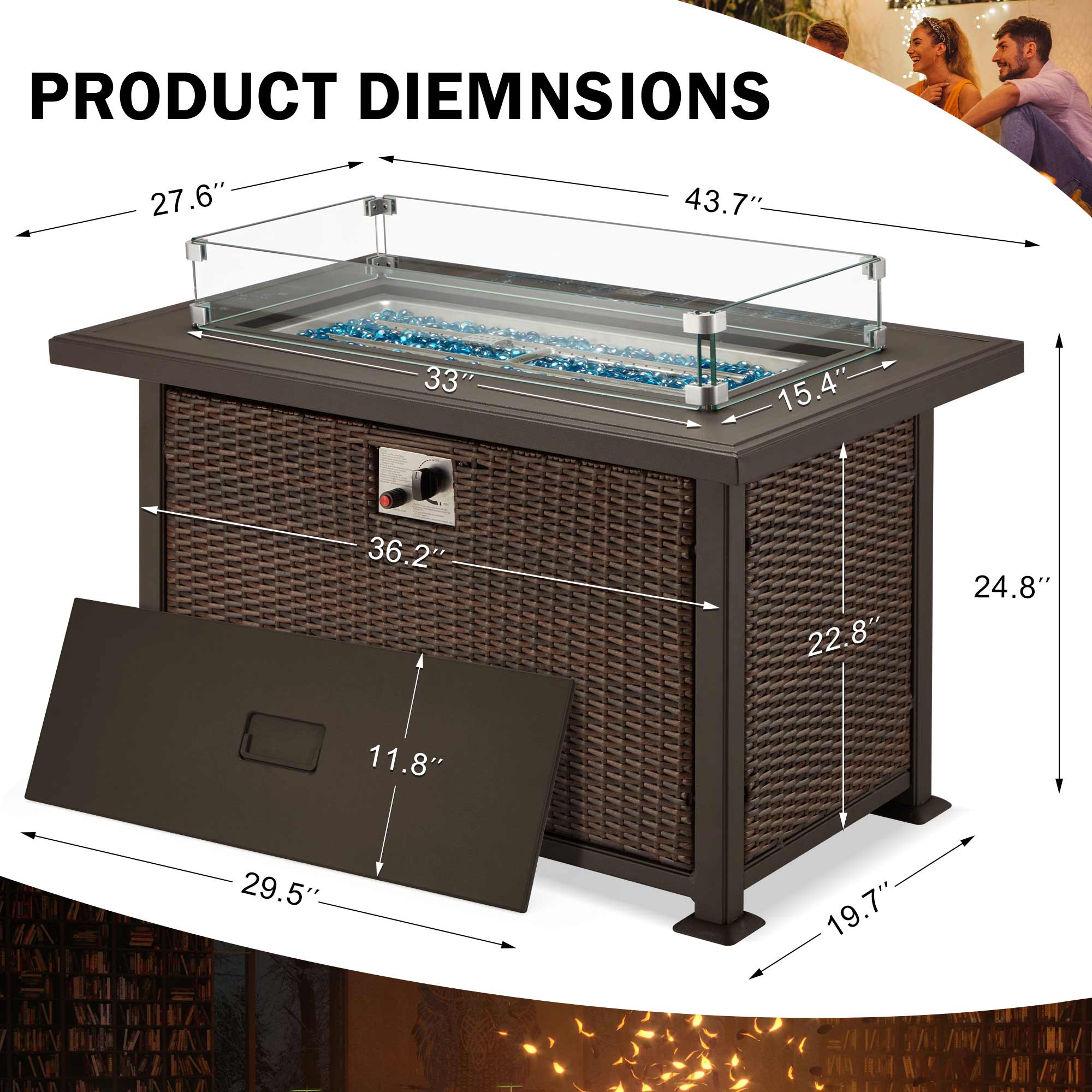 Product dimensions of 44 in Auto-Ignition Propane Fire Pit with Aluminum Table Top and Glass Wind Guard