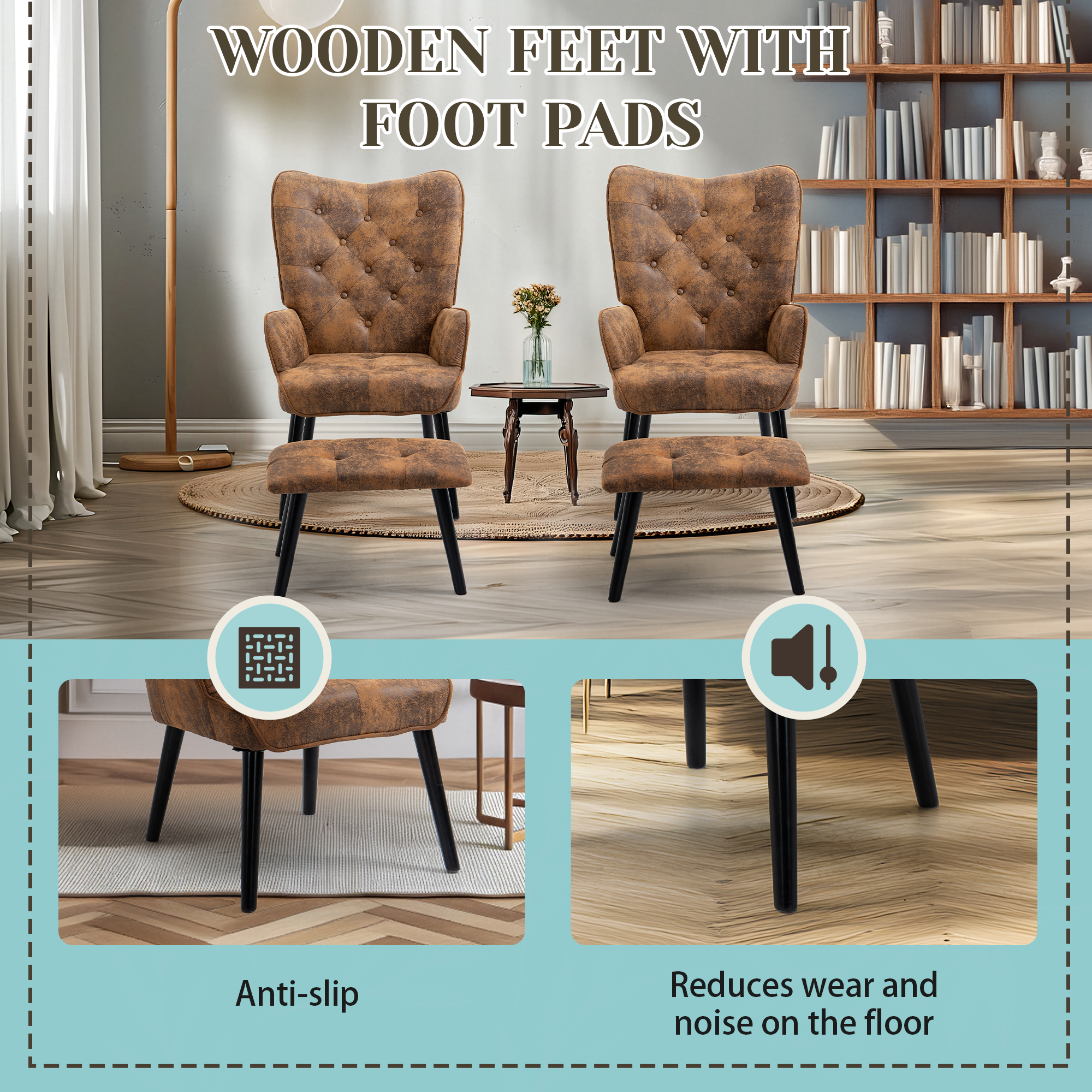 HOMREST Accent Chair with Ottoman(Anti-Skid Feet Caps), Button Wingback Leisure Single Sofa, Arms Upholstered Tall Back Desk Chair, Brown