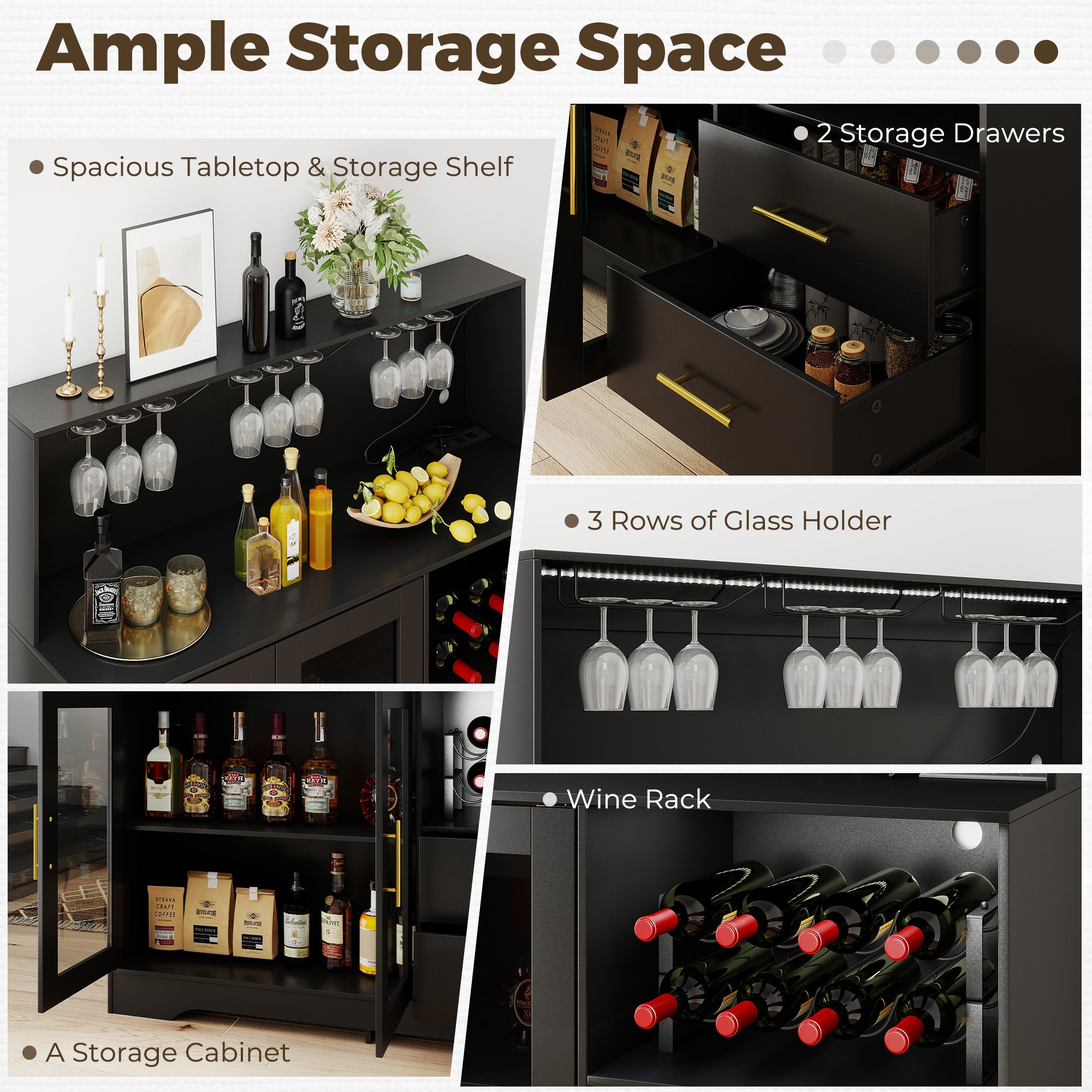 HOMREST Modern Wine Bar Cabinet With Led Lights, Coffee Bar With Wine Racks And Glass Holder, Charging Station,  Black