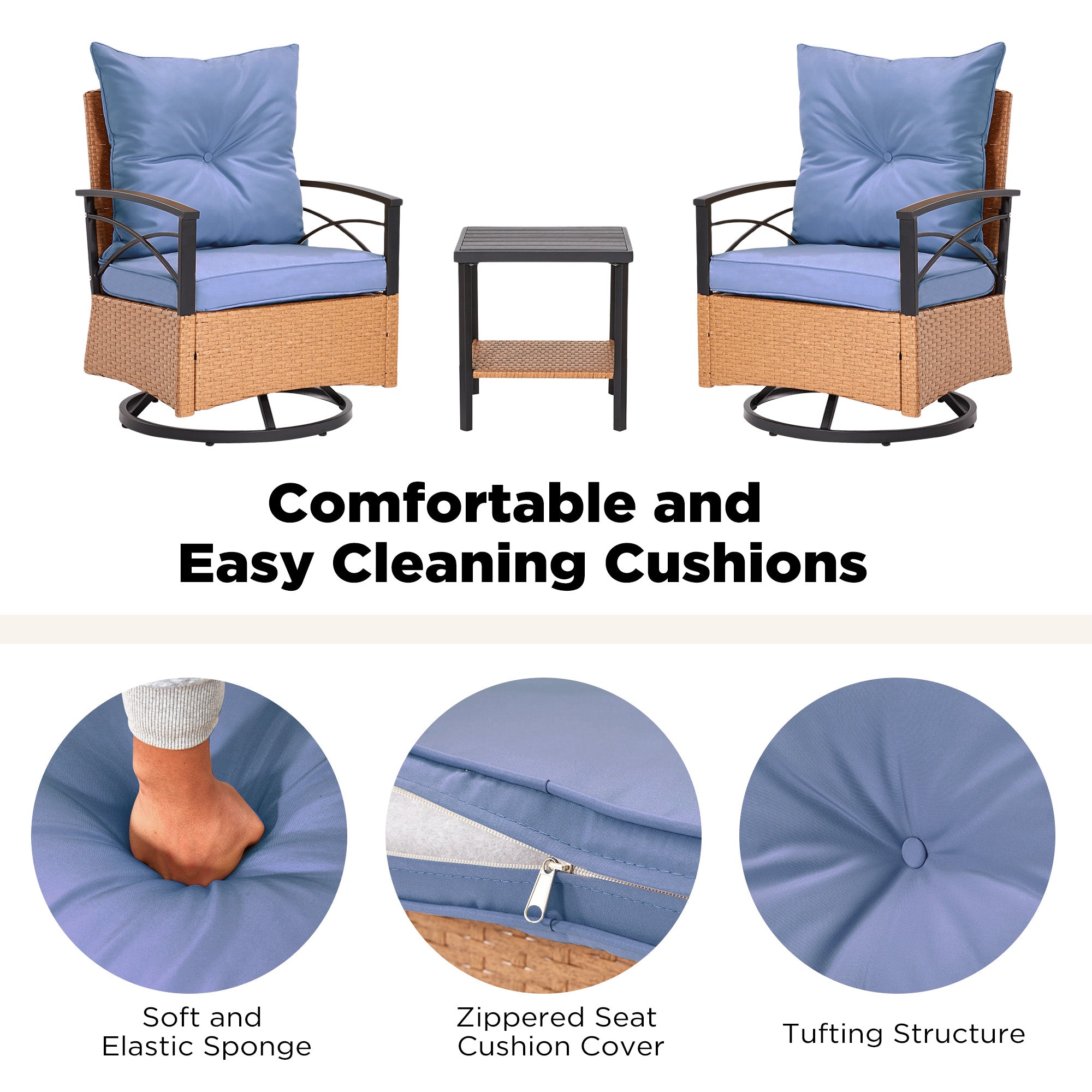 HOMREST 3-Piece Patio Swivel Rocker Set with Rattan Coffee Table, Blue
