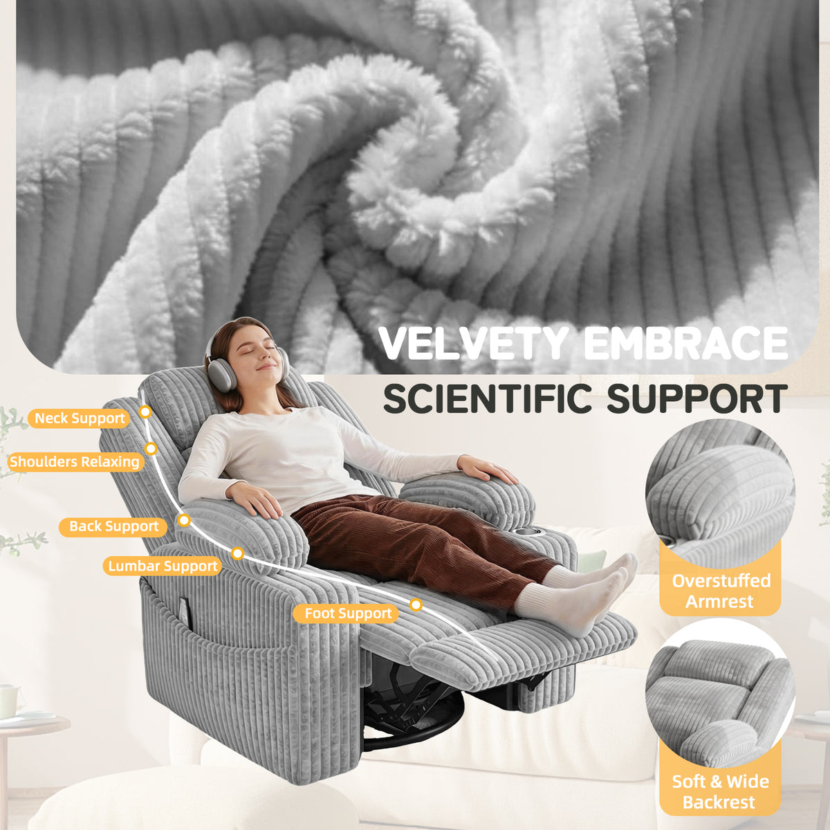 HOMREST Power Oversized Swivel Rocker Recliner with Massage and Heat, Nursery Rocking Chairs for Living Room, Grey