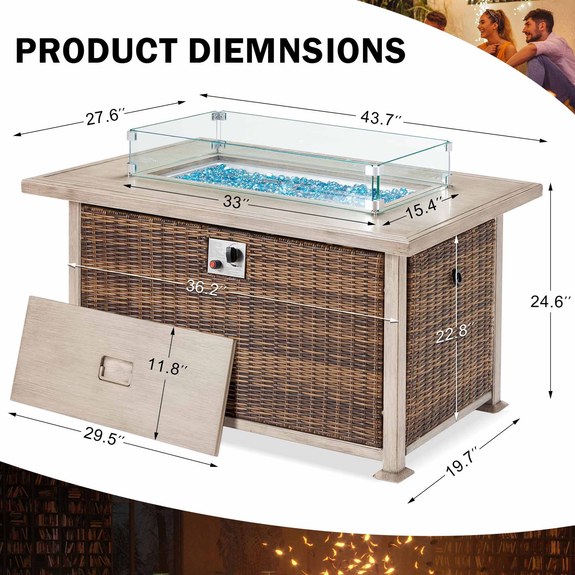 Product dimensions of 44 in Auto-Ignition Propane Fire Pit with Aluminum Table Top and Glass Wind Guard