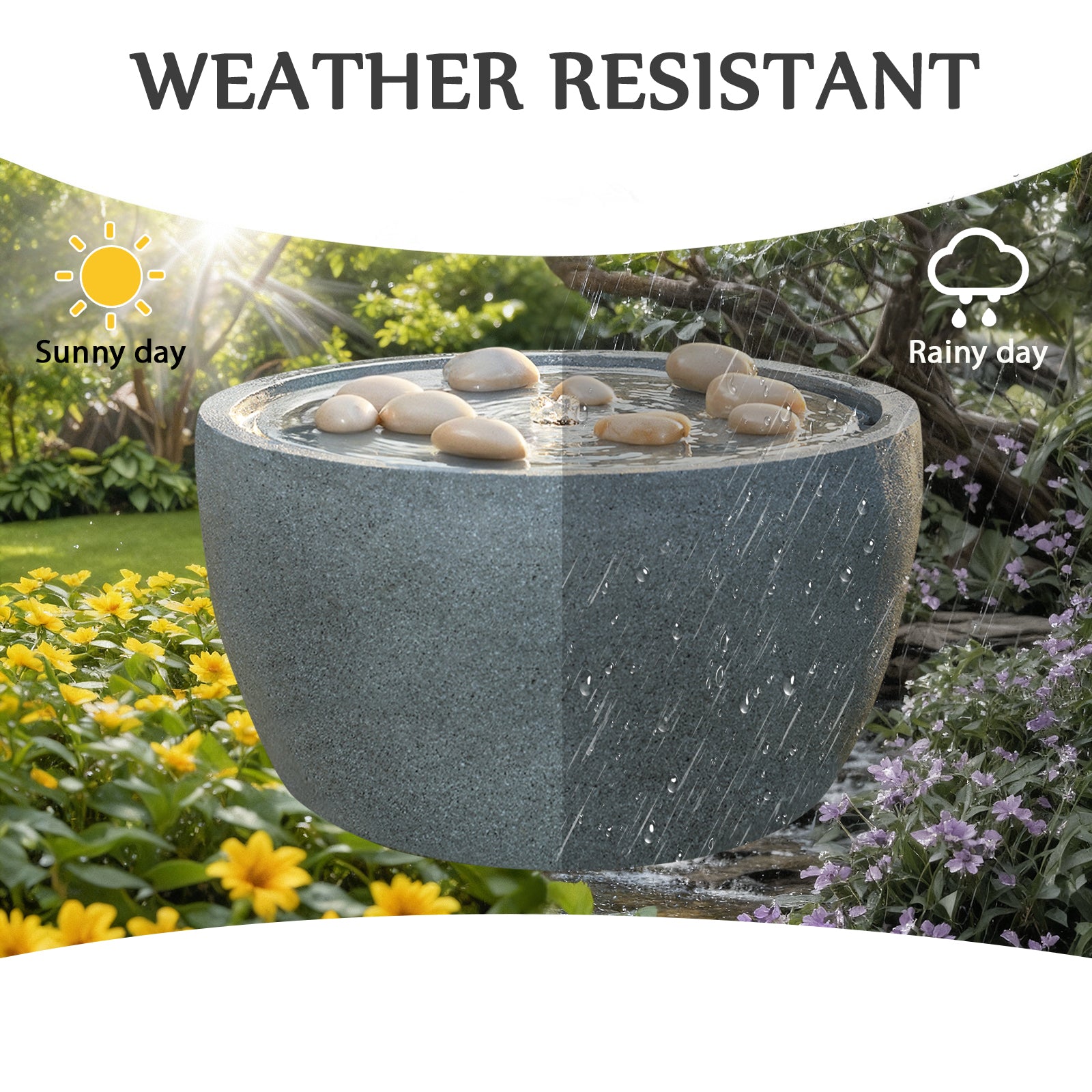 HOMREST 10.6"Tall Outdoor Water Fountain - Resin Garden Water Feature with LED Lights Effect for Patio Deck Yard Home,Gray