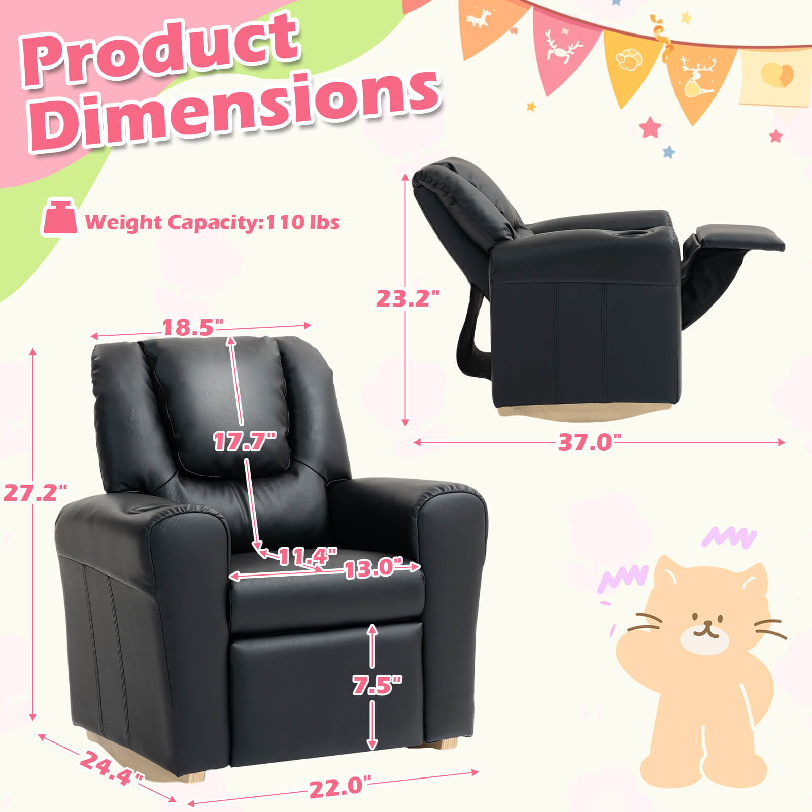 HOMREST Kids Recliner Chair with Cup Holder, Leather Toddler Recliner with Adjustable Backrest, Curved Rocking Legs and Comfy Armrests, Black